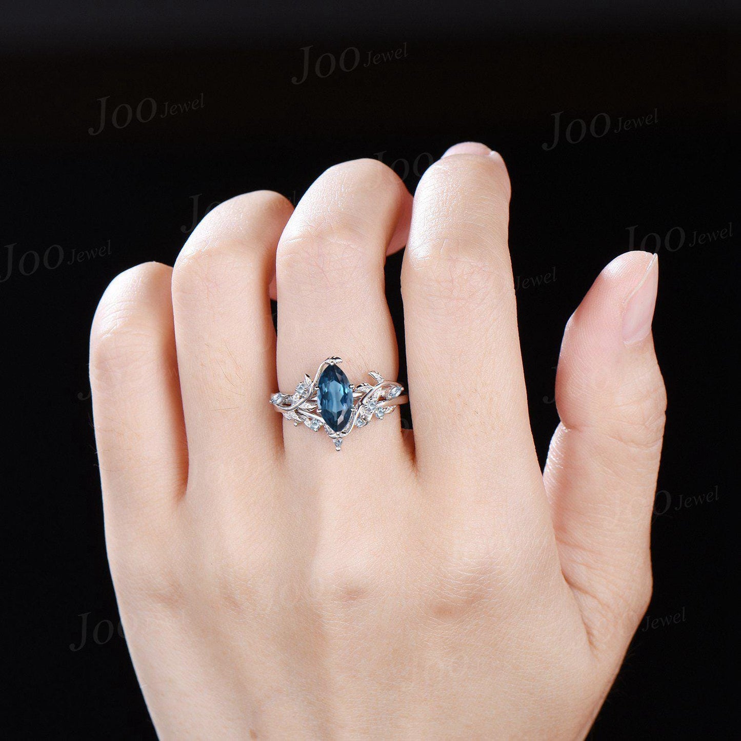 Marquise Wedding Ring Set Leaf Branch Marquise Cut Natural London Blue Topaz Bridal Ring Aquamarine Wedding Ring December Birthstone Gifts