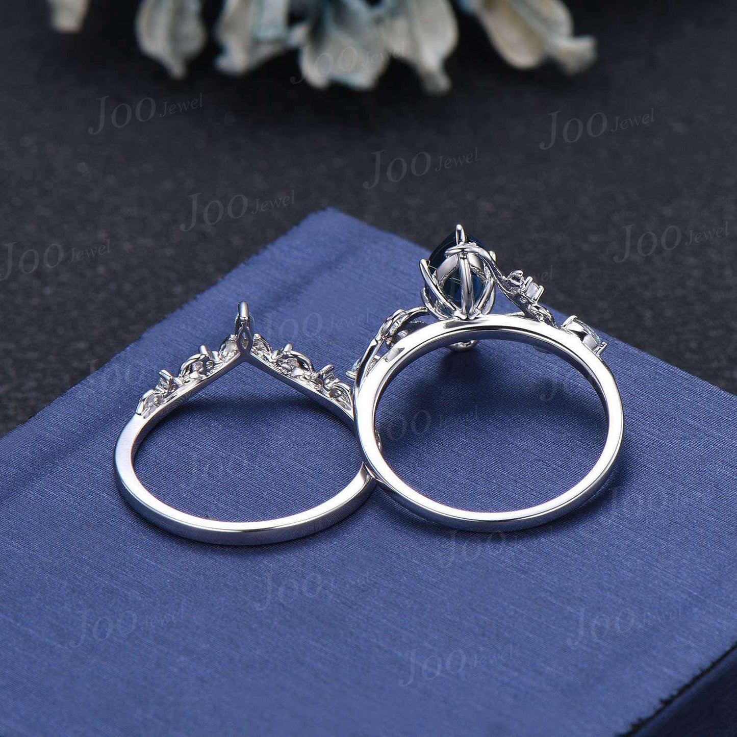 Marquise Wedding Ring Set Leaf Branch Marquise Cut Natural London Blue Topaz Bridal Ring Aquamarine Wedding Ring December Birthstone Gifts