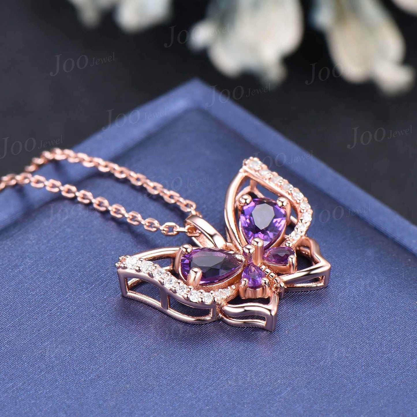 Teardrop Real Amethyst Butterfly Necklace Vintage 14K Rose Gold Vintage Purple Crystal Pendant Unique February Birthstone Gifts For Daughter