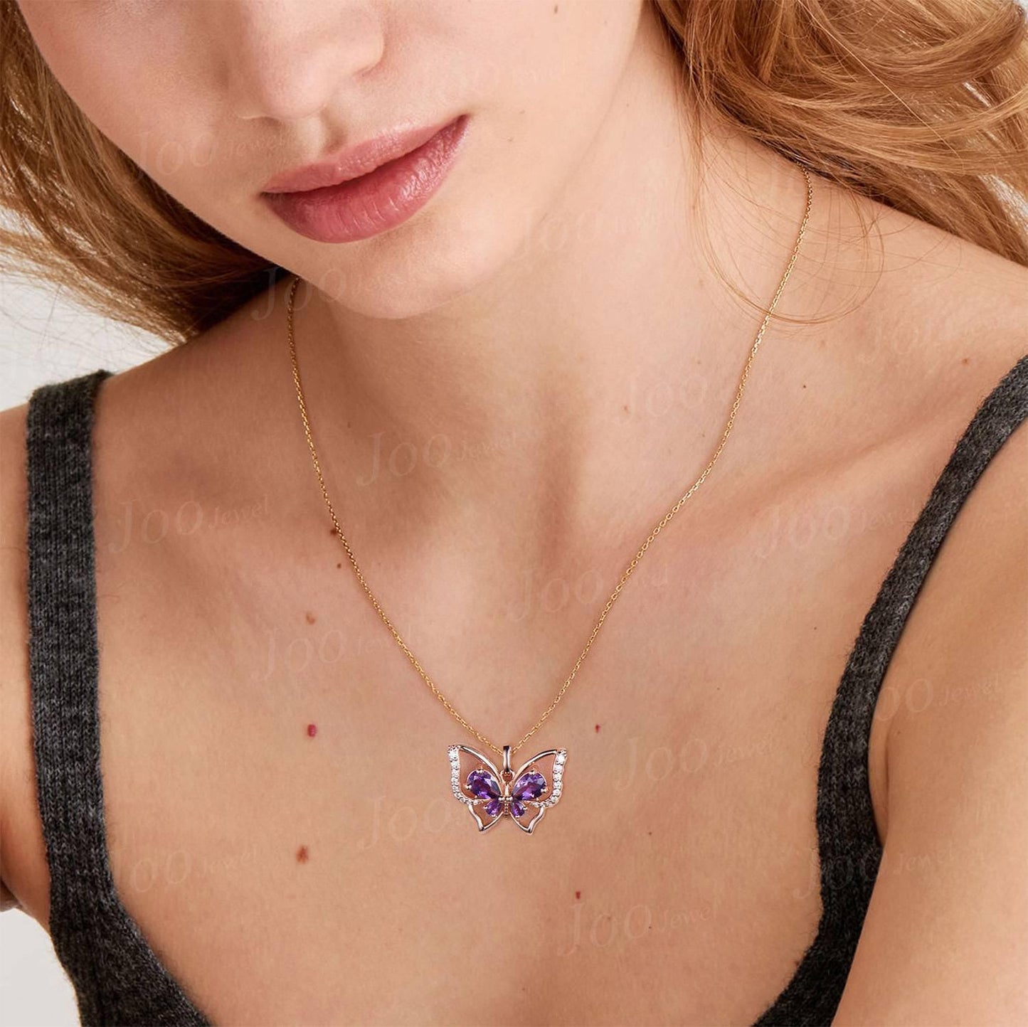 Teardrop Real Amethyst Butterfly Necklace Vintage 14K Rose Gold Vintage Purple Crystal Pendant Unique February Birthstone Gifts For Daughter