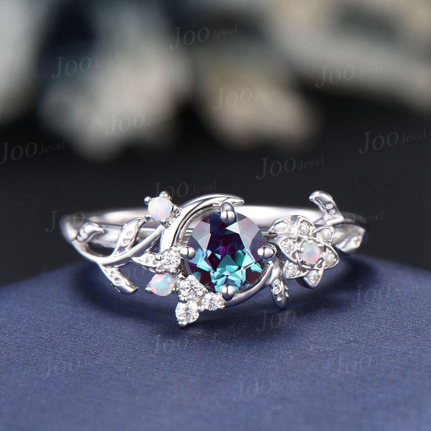 Moon Leaf Alexandrite Ring Sterling Silver Vintage Cluster Emerald Ring Nature Engagement Ring Personalized June Birthstone Gifts For Women