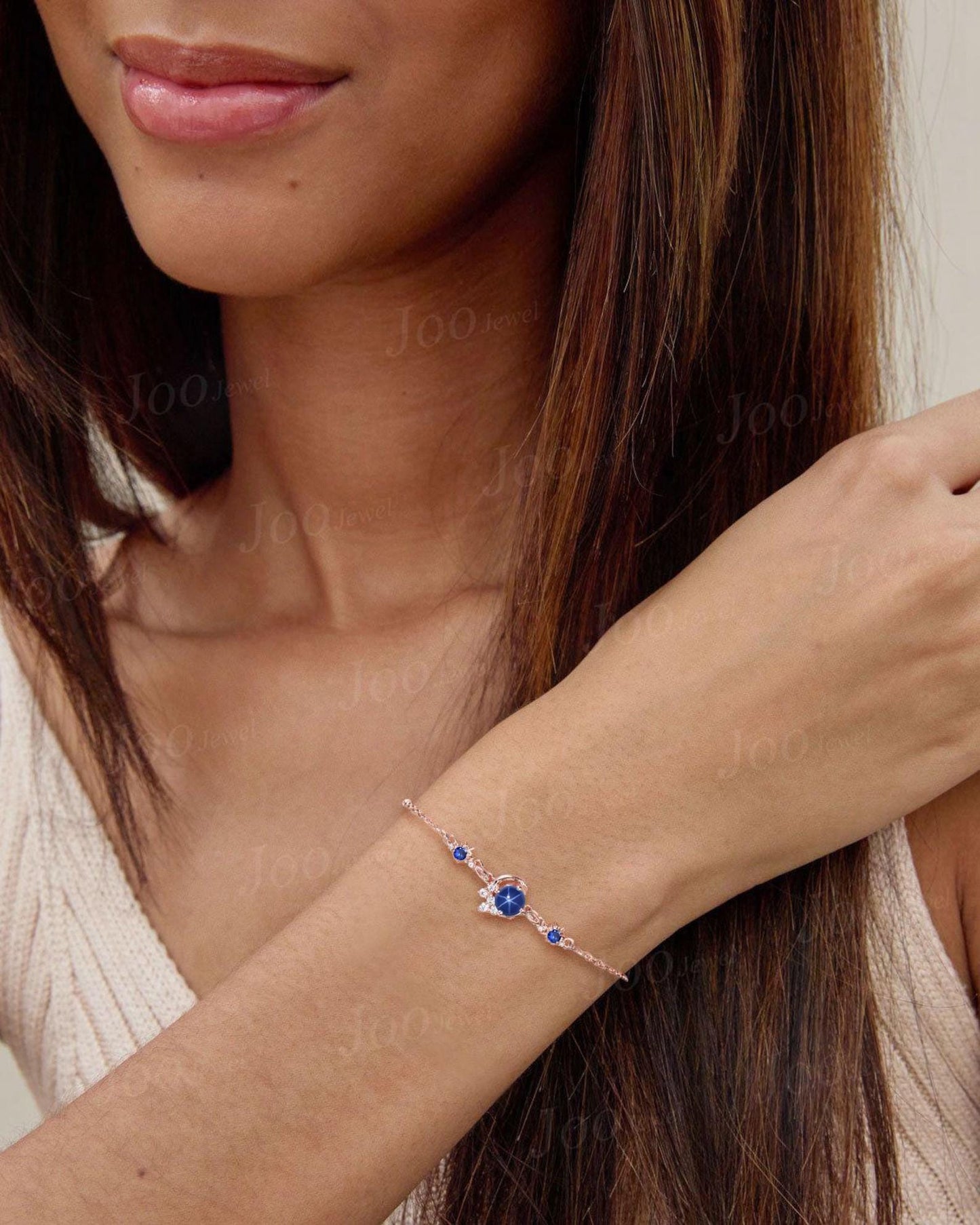Crescent Moon Bracelet 14K Solid Rose Gold Round Blue Star Sapphire Charm Bracelet for Women Starburst Sun Blue Sapphire Gemstone Bracelet