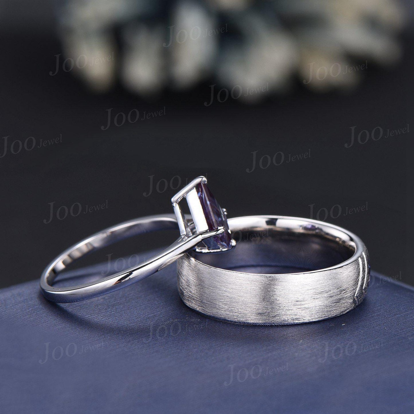 Kite Cut Alexandrite Couple Ring Men Women Sterling Silver 6mm Men Engagement Ring Brushed Finished Band His and Her Matching Promise Rings