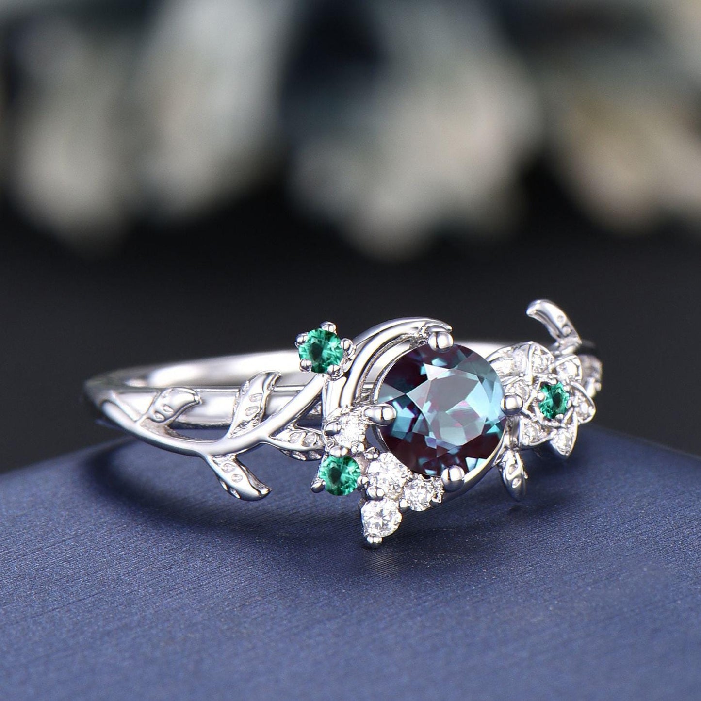 Moon Leaf Alexandrite Ring Sterling Silver Vintage Cluster Emerald Ring Nature Engagement Ring Personalized June Birthstone Gifts For Women