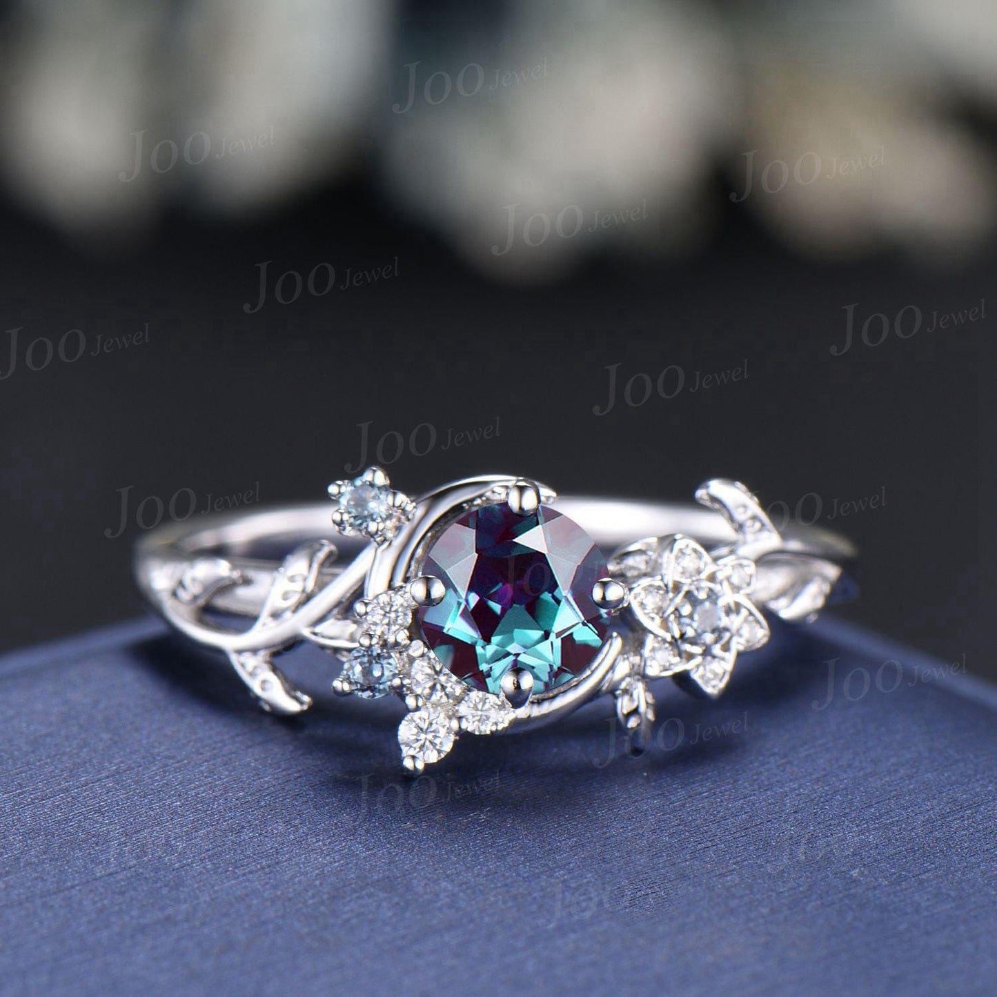 Moon Leaf Alexandrite Ring Sterling Silver Vintage Cluster Emerald Ring Nature Engagement Ring Personalized June Birthstone Gifts For Women