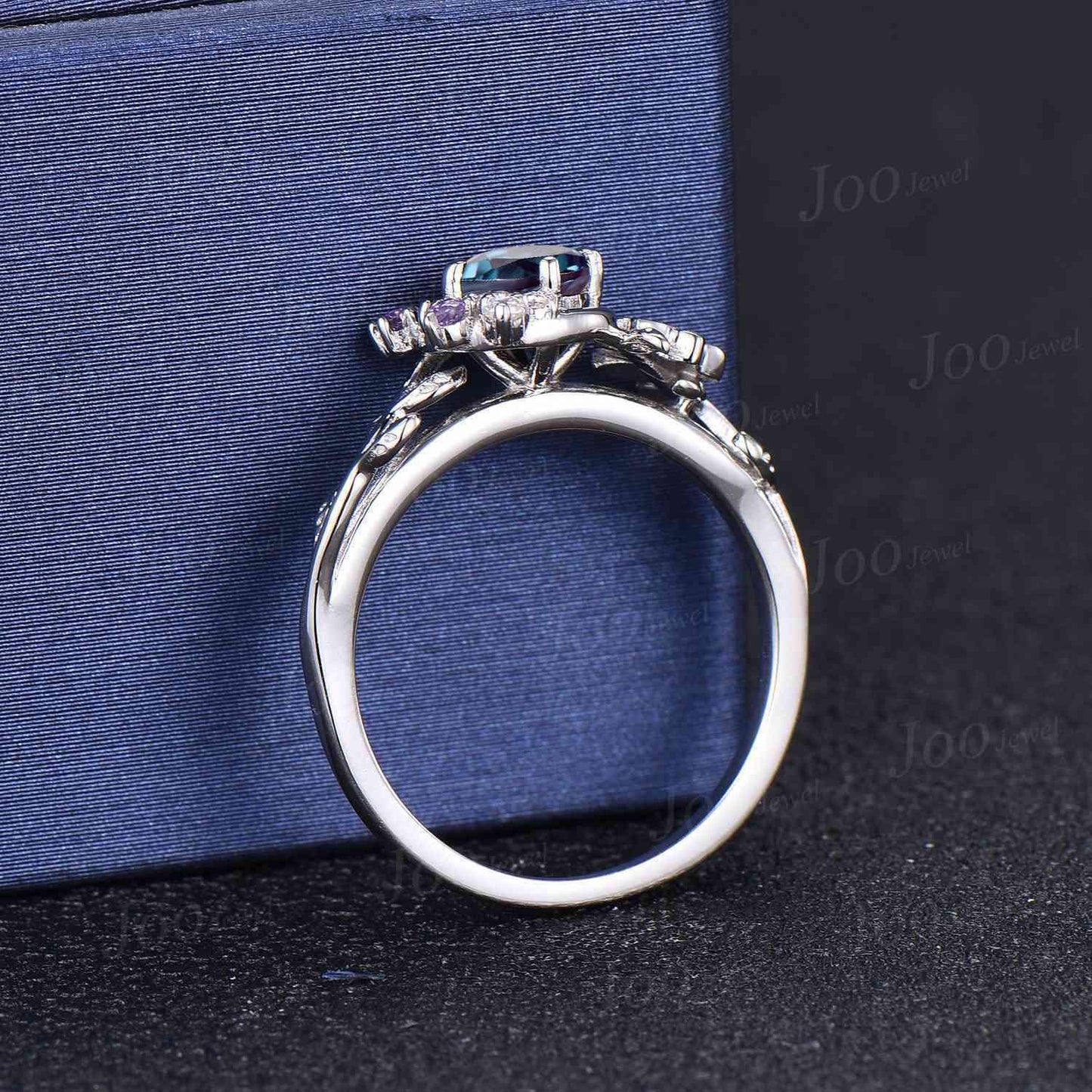 Moon Leaf Alexandrite Ring Sterling Silver Vintage Cluster Emerald Ring Nature Engagement Ring Personalized June Birthstone Gifts For Women