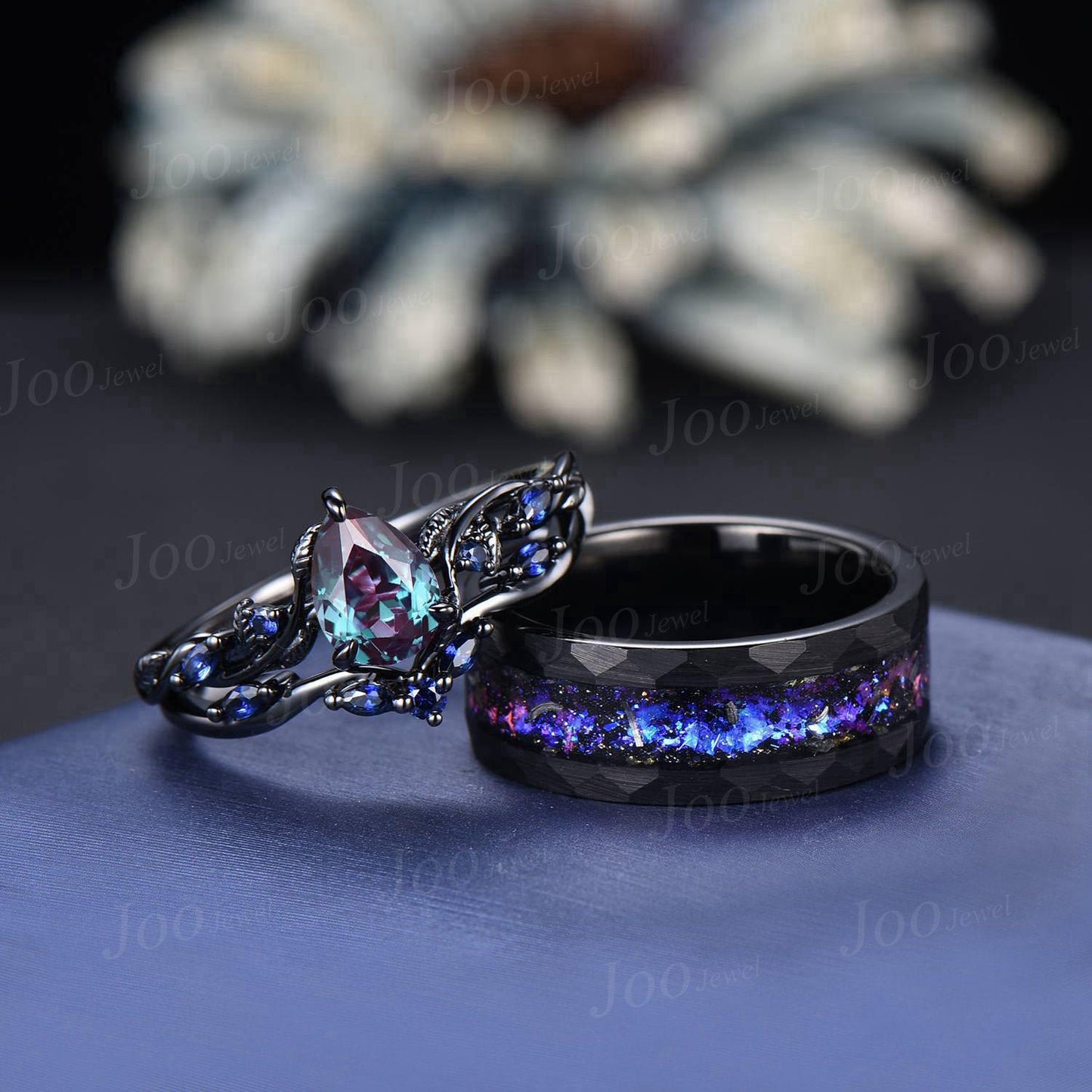 2pcs Color-Change Alexandrite Sapphire Couple Ring Nature Inspired Gothic His and Her Black Promise Ring No-Fading Tungsten Matching Band