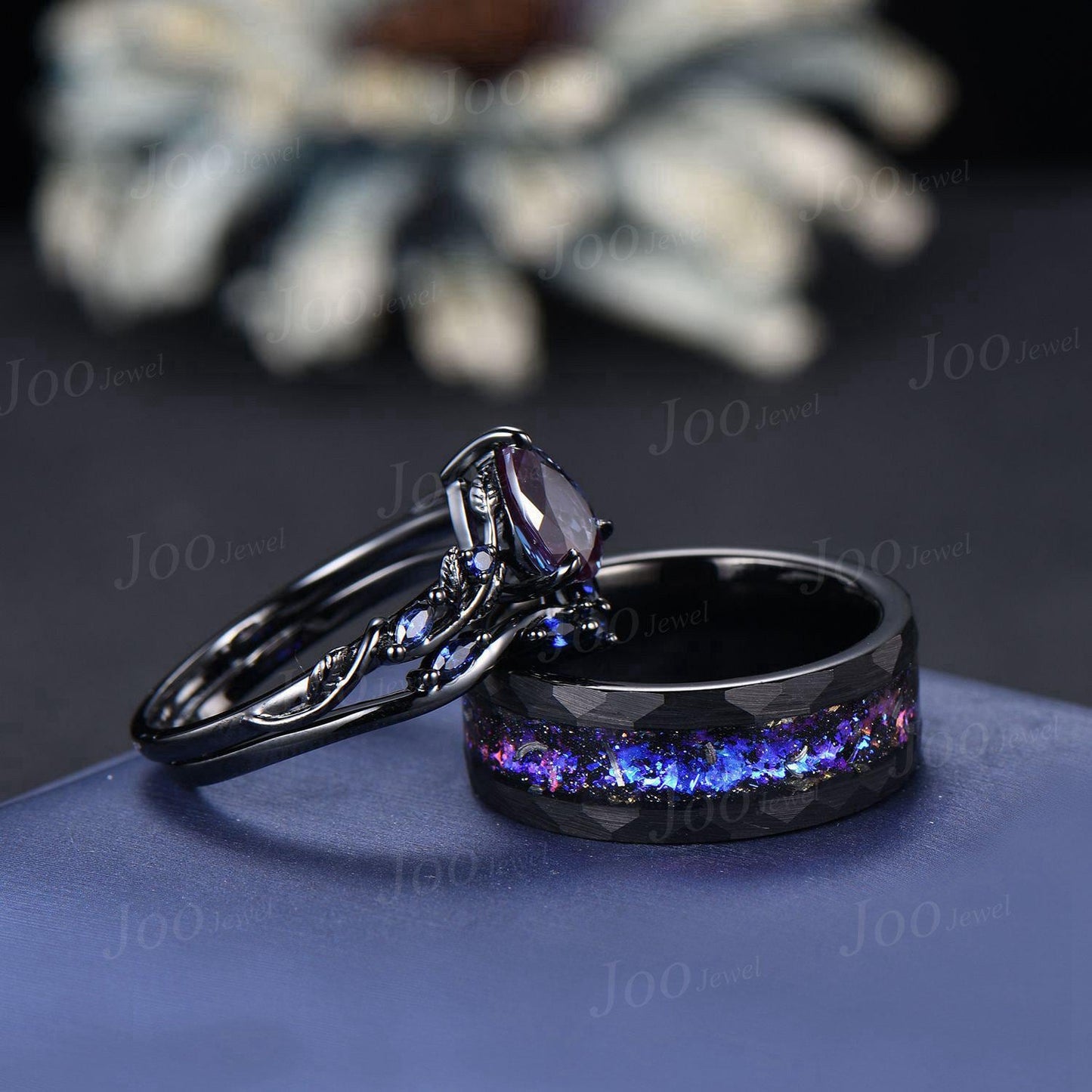 2pcs Color-Change Alexandrite Sapphire Couple Ring Nature Inspired Gothic His and Her Black Promise Ring No-Fading Tungsten Matching Band