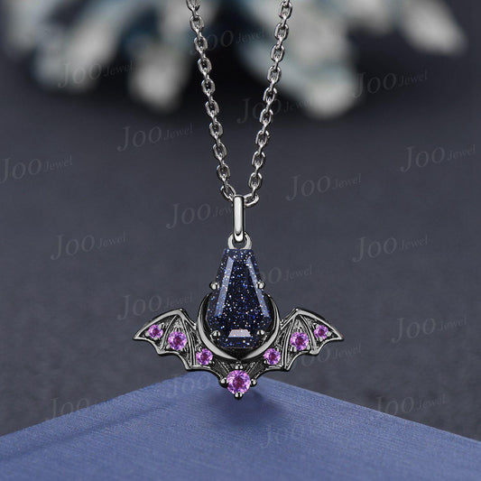 Gothic Blue Sandstone Moon Pendant Necklace Coffin Cut Starry Sky Galaxy Blue Goldstone Amethyst Bat Wing Retro 18K Black Gold Chain Pendant