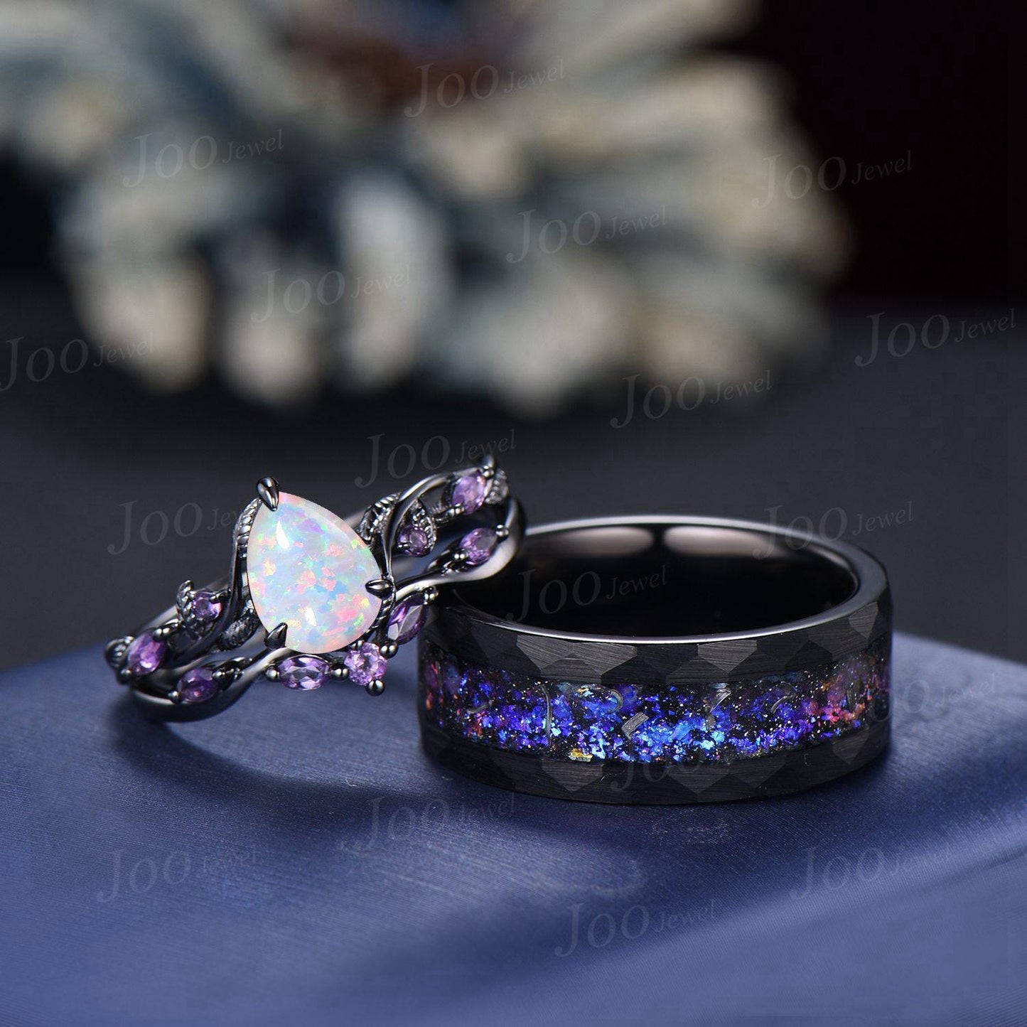 Galaxy Couples Ring Set-His and Hers Wedding Band- Black Gold White Opal Amethyst Wedding Ring/ No-fading Black Tungsten Matching Ring Men