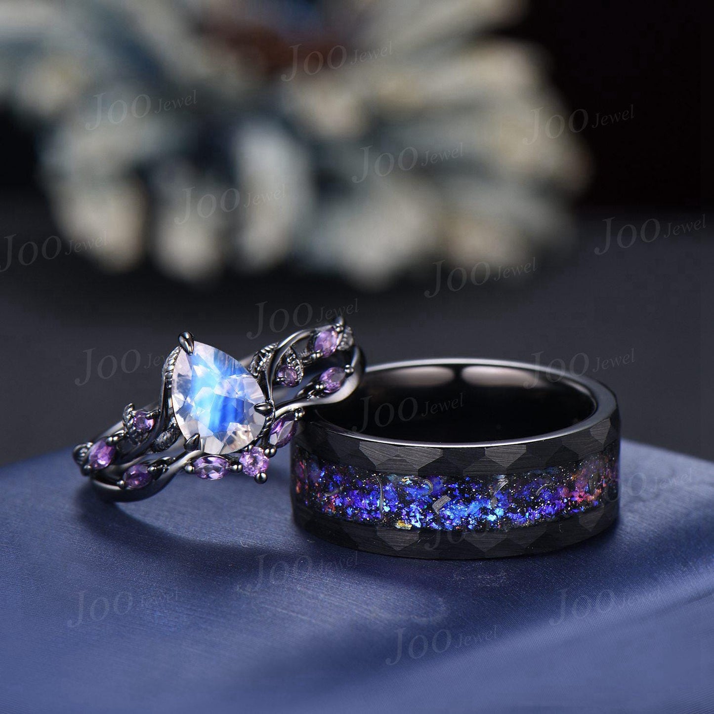 2pcs Pear Cut Natural Moonstone Amethyst Couple Ring Set Nature Inspired Gothic His and Her Black Promise Ring Tungsten Galaxy Matching Band