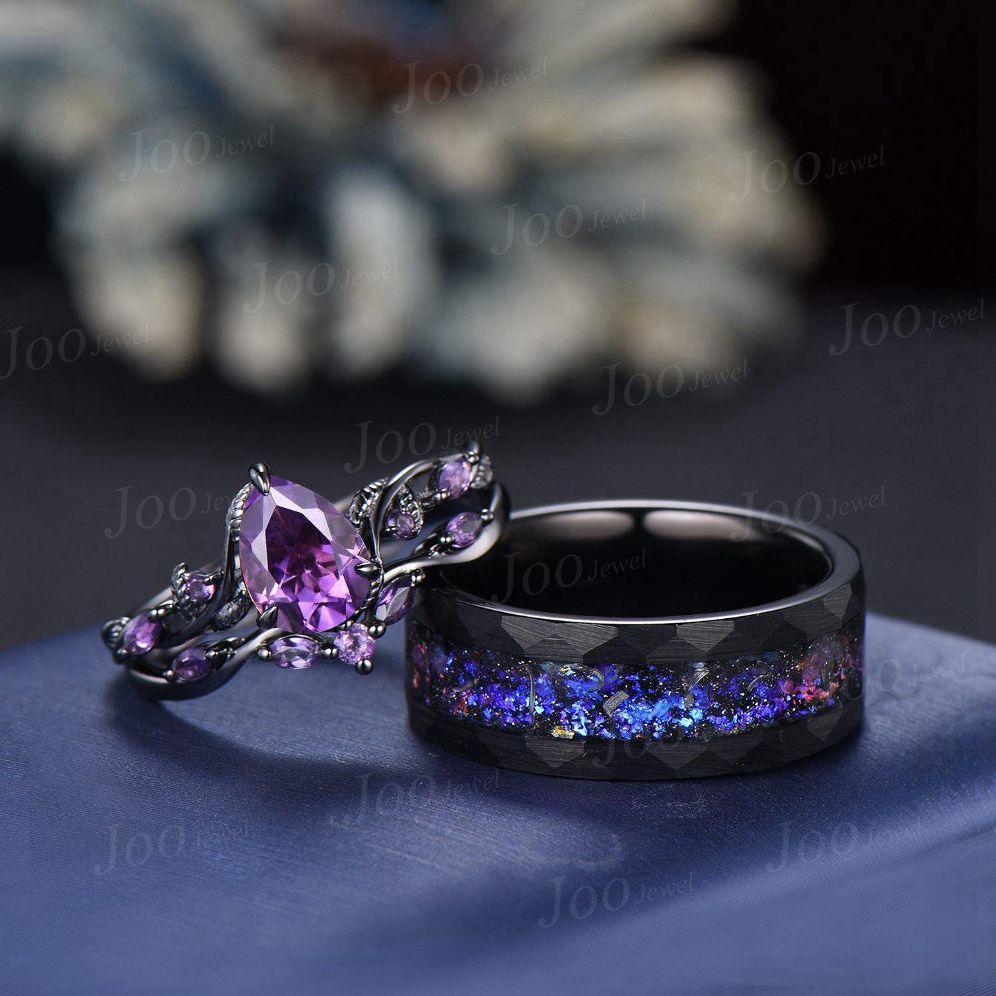 1.25ct Teardrop Cut Natural Purple Amethyst Twig Vine Couples Ring Set Wear-resistant Men Tungsten Galaxy Nebula Matching Ring Set for Lover
