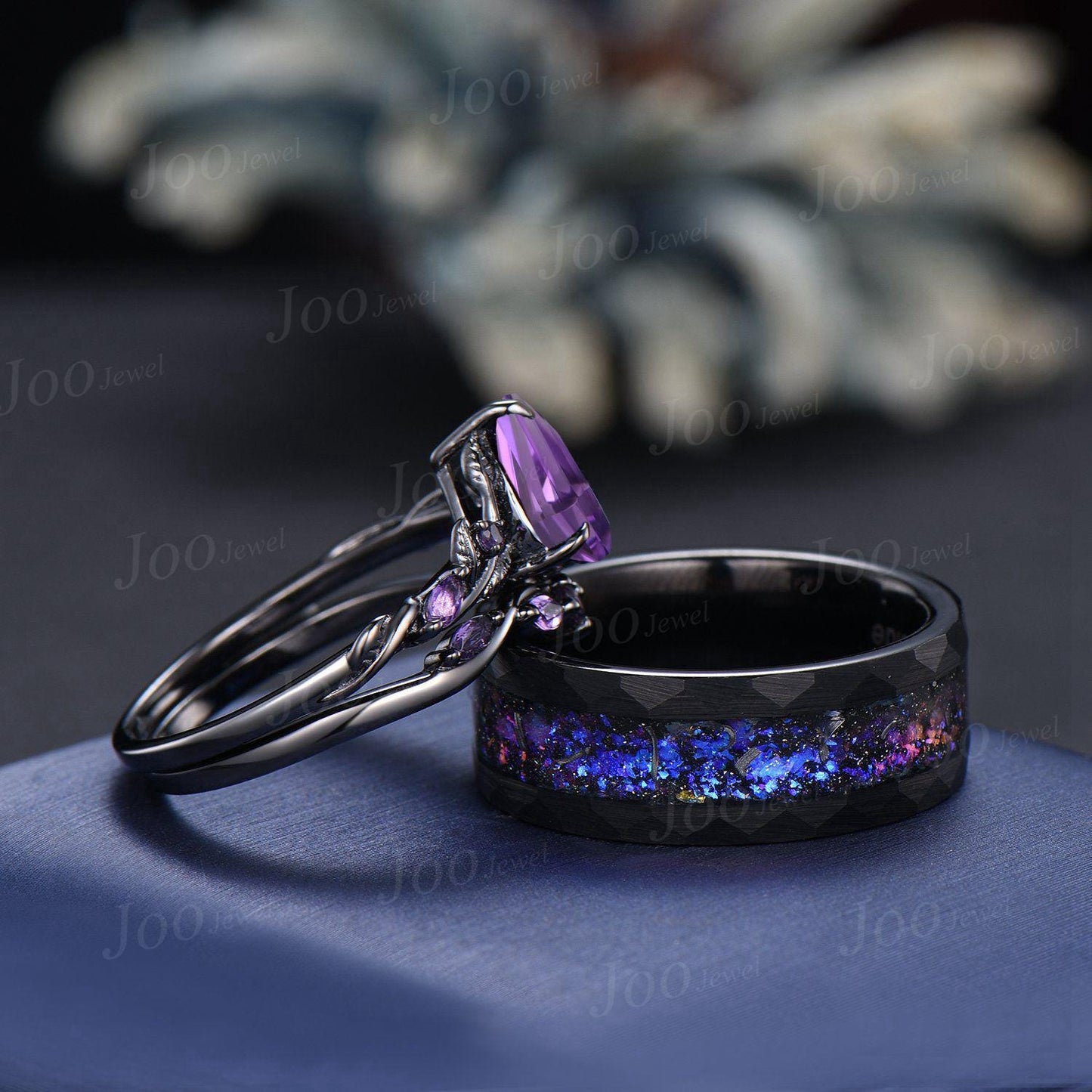 1.25ct Teardrop Cut Natural Purple Amethyst Twig Vine Couples Ring Set Wear-resistant Men Tungsten Galaxy Nebula Matching Ring Set for Lover