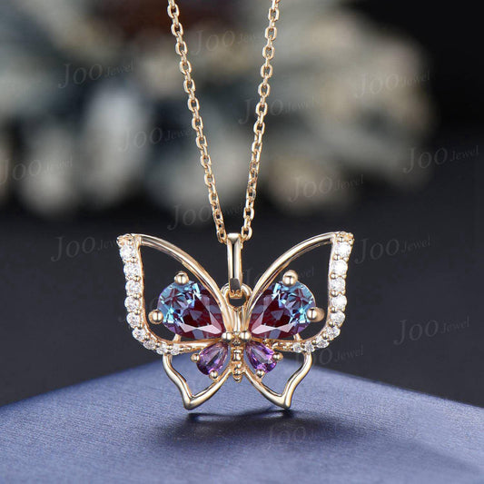 Pear Cut Color-Change Alexandrite Butterfly Necklace 14K Real Gold Vintage Personalized Gemstone Pendant Women Unique June Birthstone Gifts