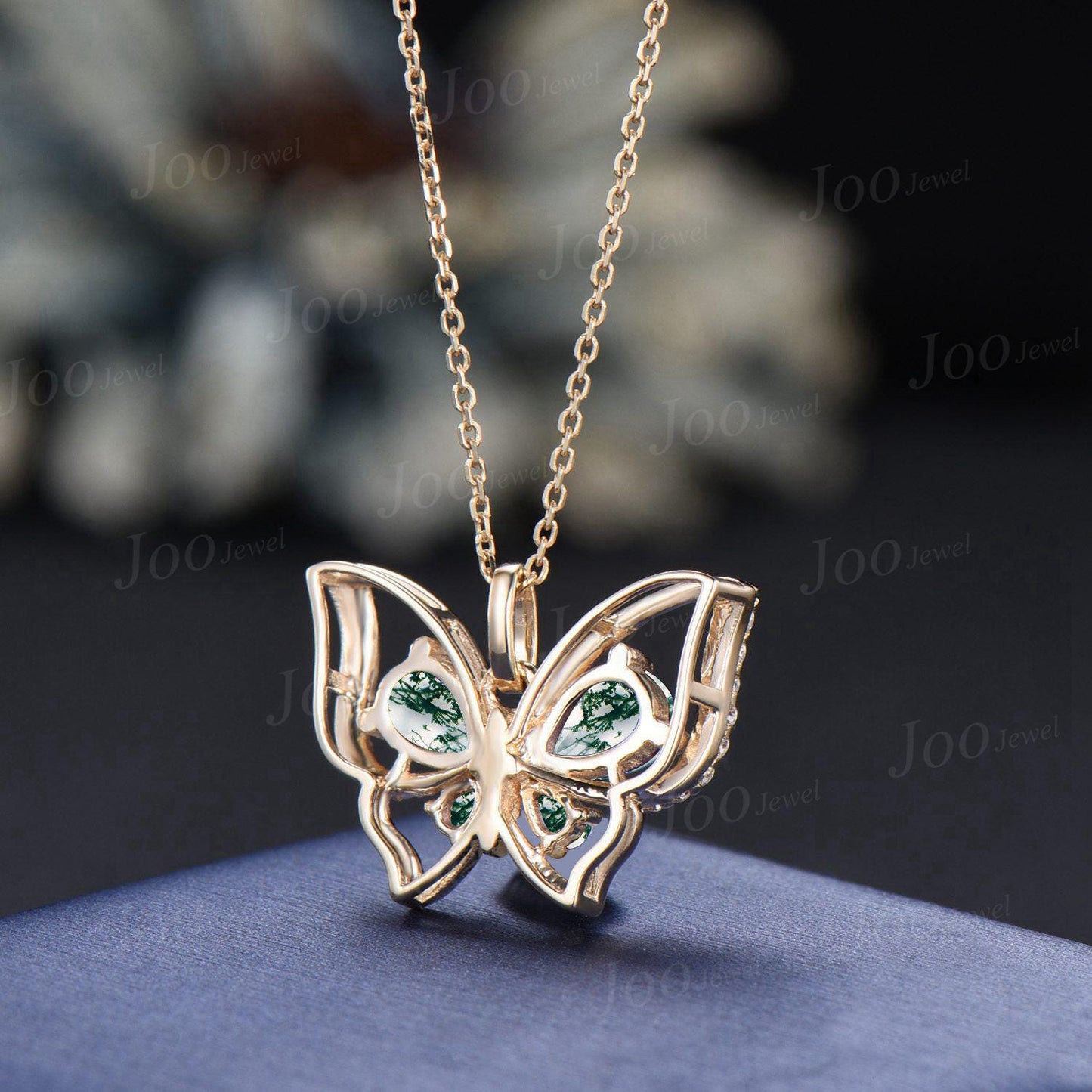 Pear Natural Moss Agate Spring Butterfly Necklace Vintage 14K Gold Agate Pendant Unique Birthday Gift For Daughter Gemstone Butterfly Chain