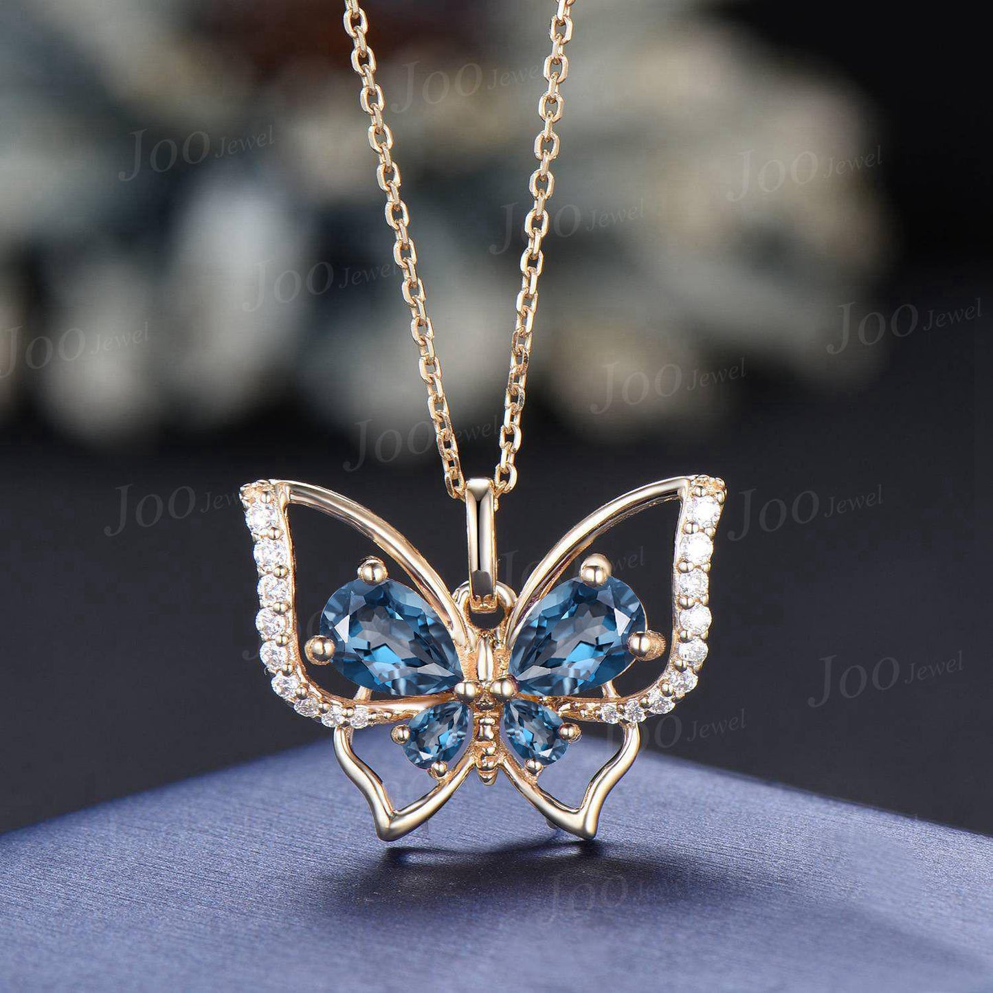 Natural London Blue Topaz Butterfly Necklace Vintage Sterling Silver Teardrop Cut Topaz Pendant Unique December Birthstone Gift For Daughter