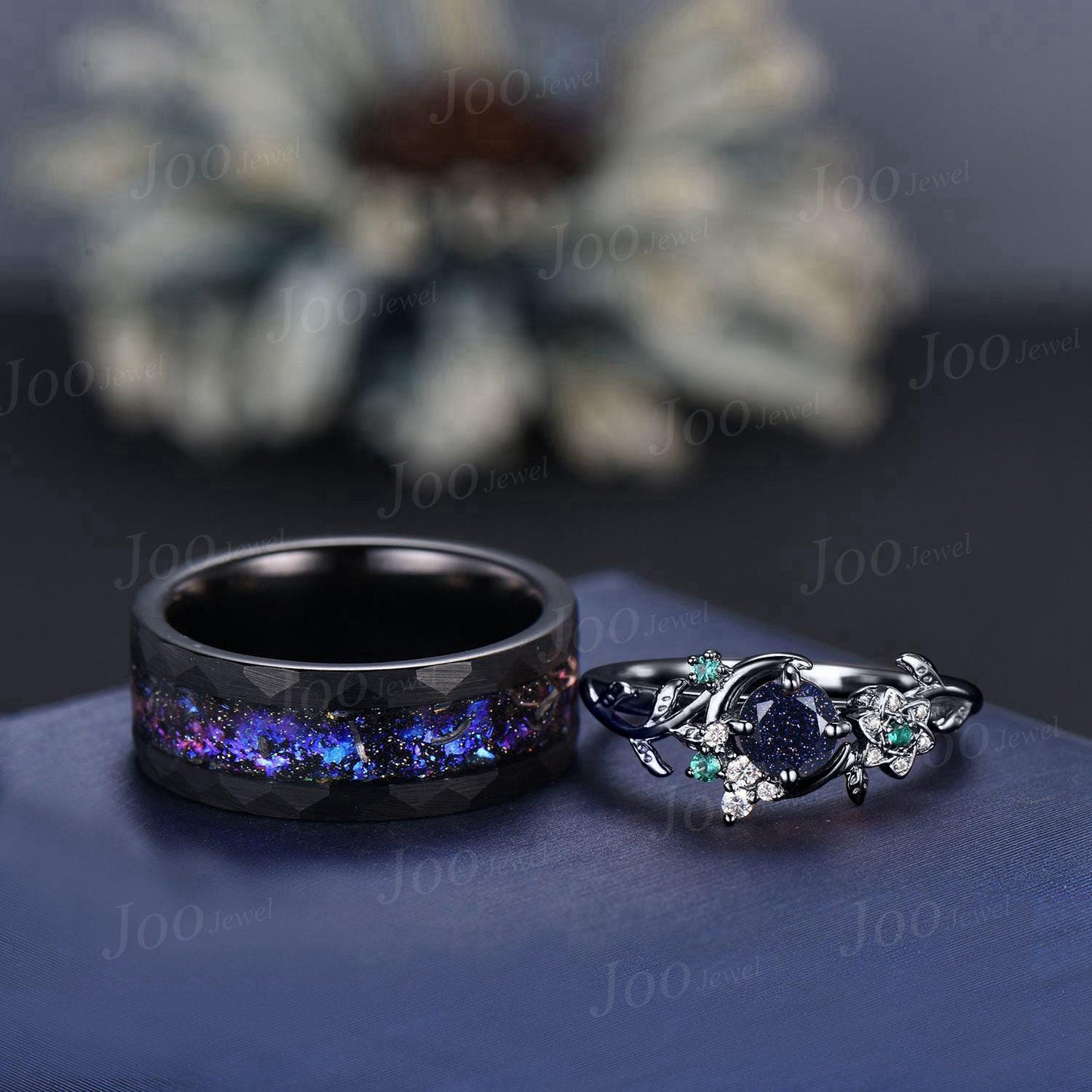 Galaxy Nebula Couple Ring Set Crescent Moon Leaf Vine Pear Cut Blue Goldstone Ring His and Hers Wedding Band Tungsten Matching Ring for Men