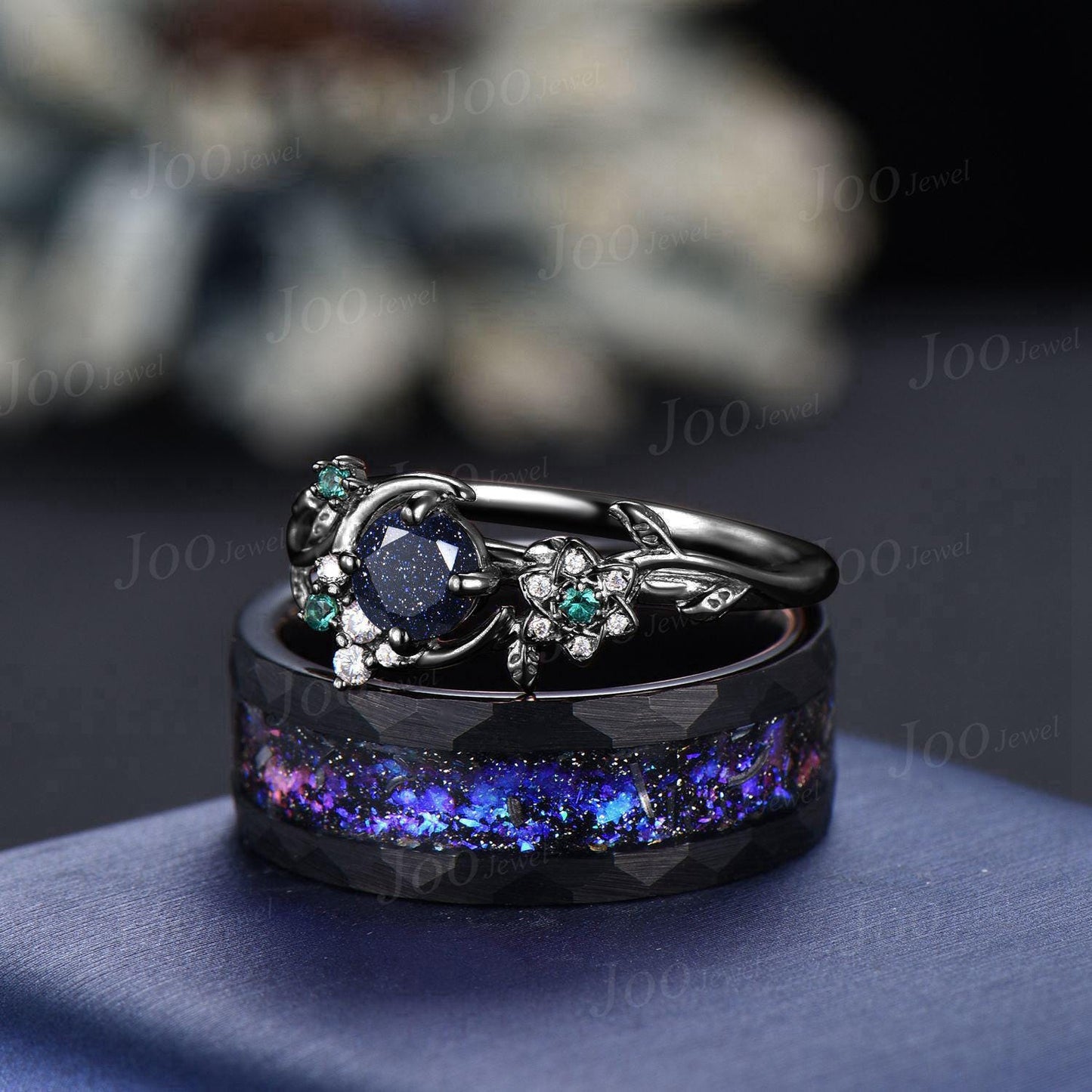 Galaxy Nebula Couple Ring Set Crescent Moon Leaf Vine Pear Cut Blue Goldstone Ring His and Hers Wedding Band Tungsten Matching Ring for Men