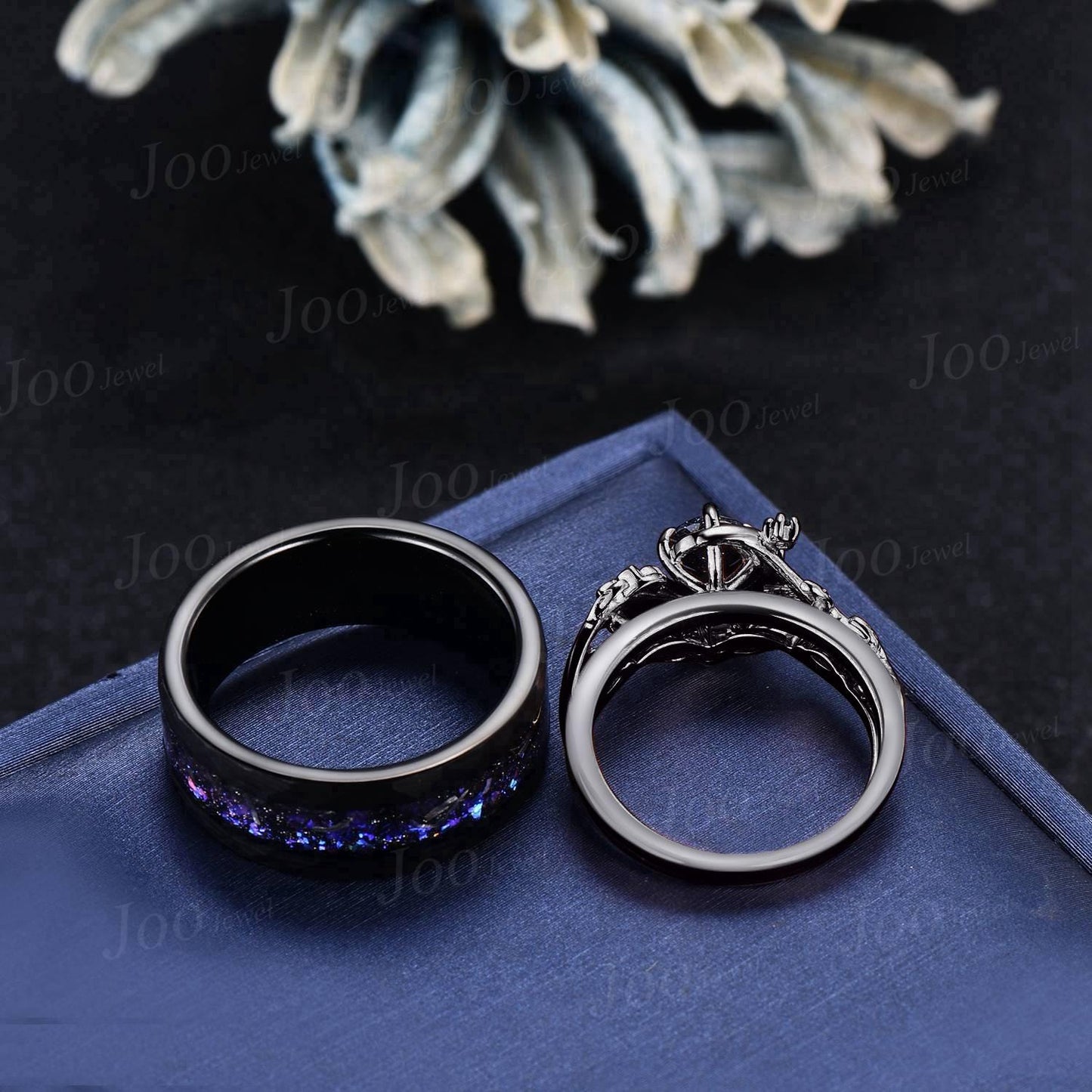 Galaxy Nebula Couple Ring Set Crescent Moon Leaf Vine Pear Cut Blue Goldstone Ring His and Hers Wedding Band Tungsten Matching Ring for Men