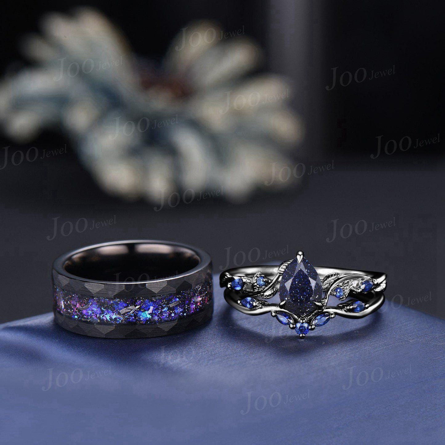 2pcs Galaxy Nebula Couple Ring Set Nature Inspired Pear Blue Sandstone Ring His and Hers Foil Wedding Ring Mens Black Tungsten Matching Ring
