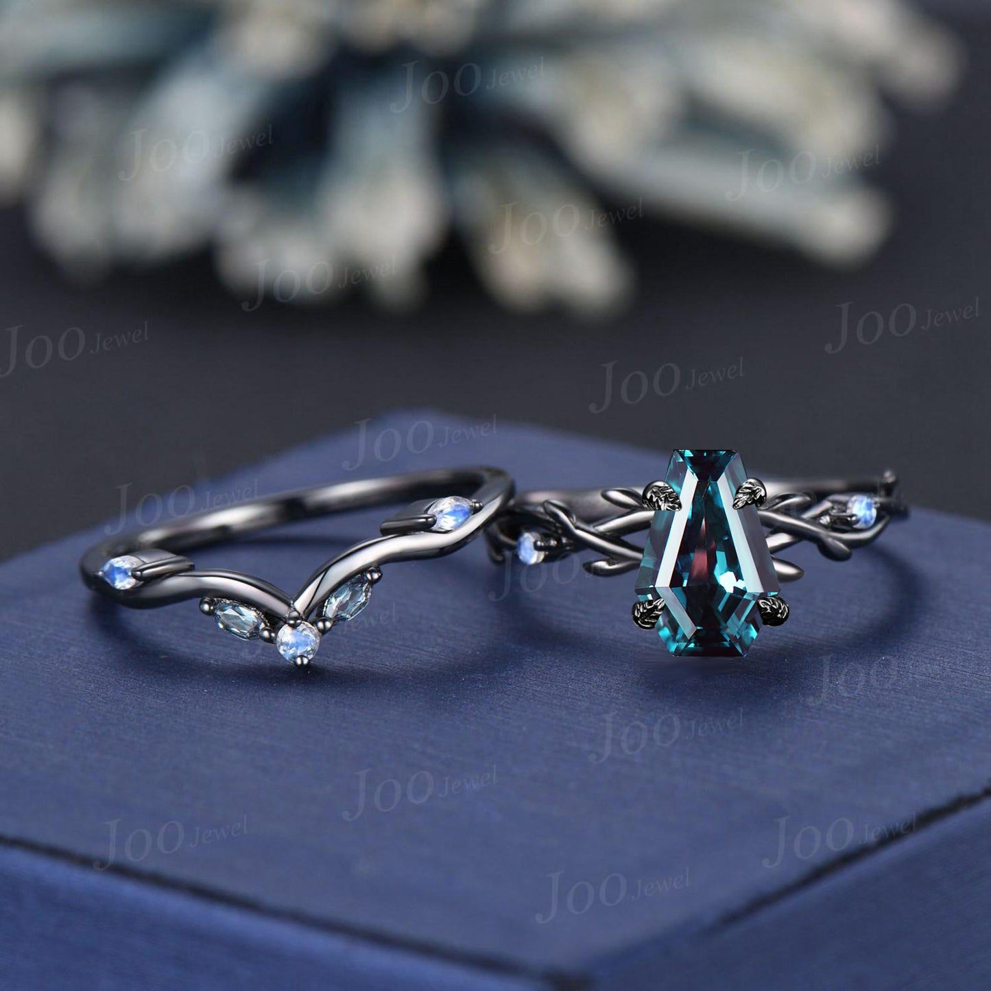 Gothic Bridal Ring Coffin Cut Color-Change Alexandrite Moonstone Black Engagement Rings Twig Vine Wedding Ring For Goth Gown Wedding Party