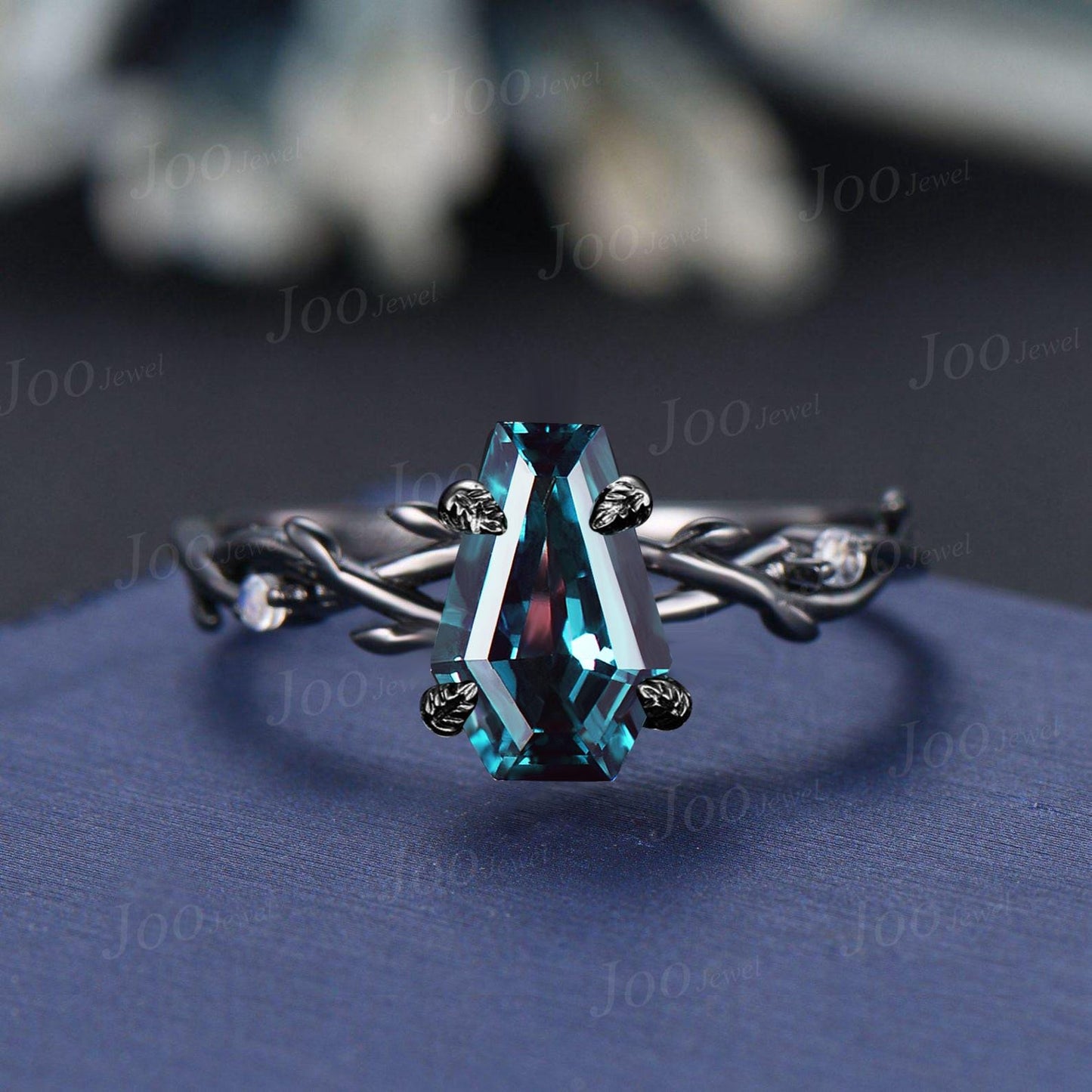 Gothic Bridal Ring Coffin Cut Color-Change Alexandrite Moonstone Black Engagement Rings Twig Vine Wedding Ring For Goth Gown Wedding Party