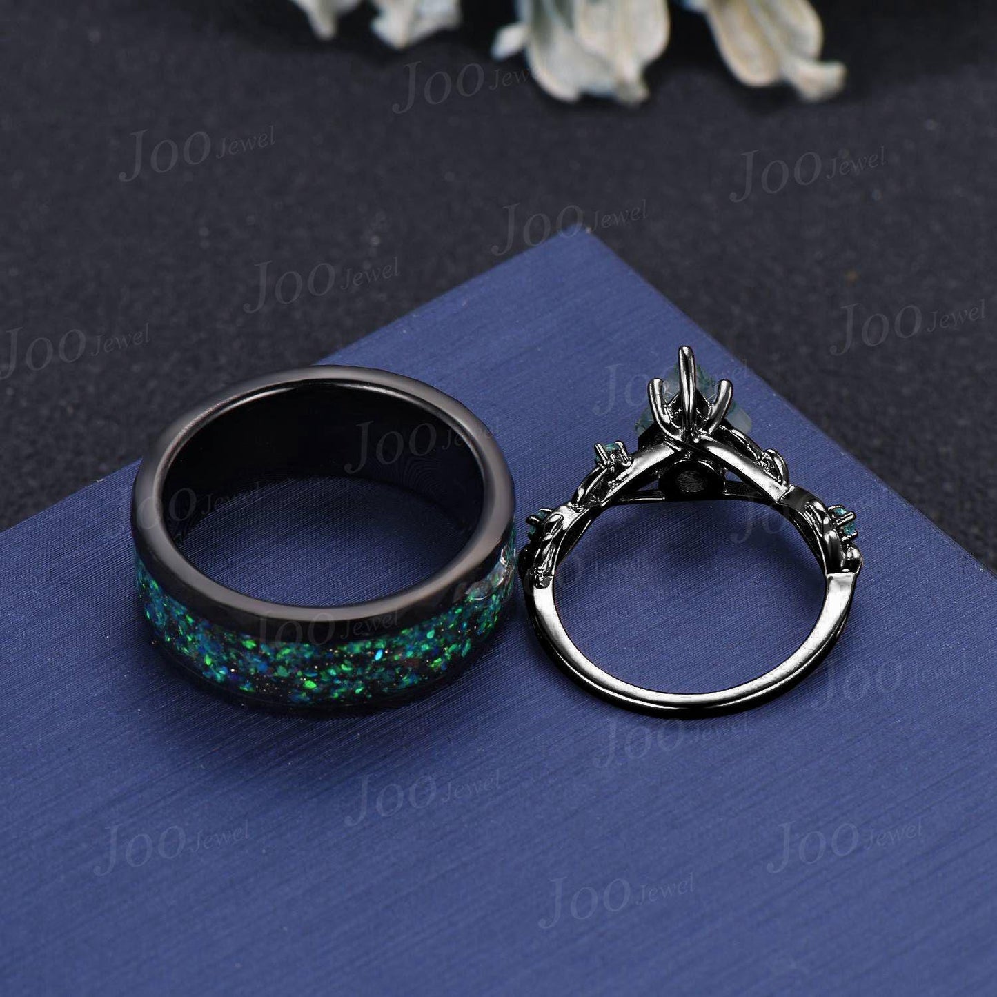 Nature Inspired Natural Kite Moss Agate Emerald Matching Couple Promise Ring Set Gothic Wedding Ring Men Women Black Tungsten Wedding Band