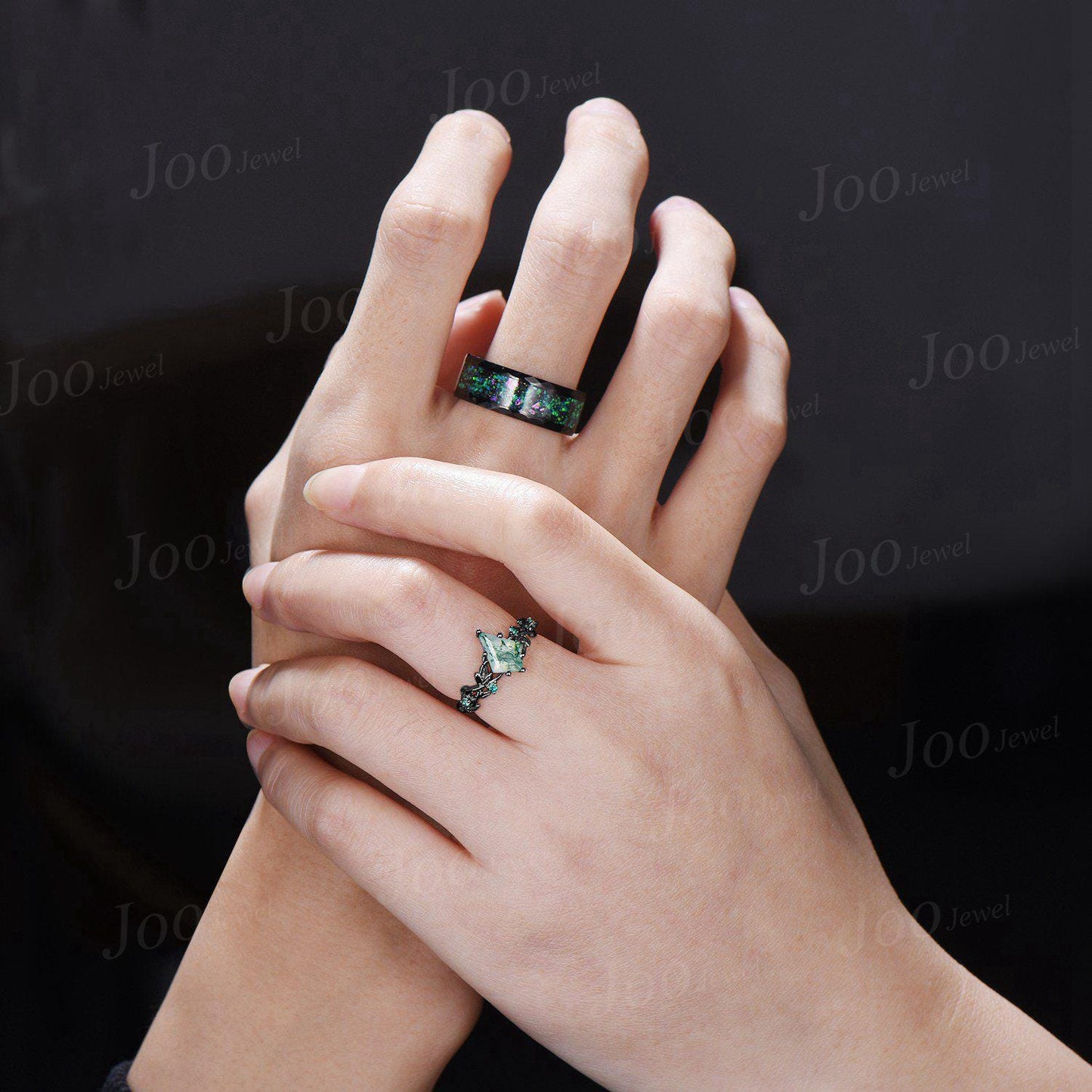 Nature Inspired Natural Kite Moss Agate Emerald Matching Couple Promise Ring Set Gothic Wedding Ring Men Women Black Tungsten Wedding Band