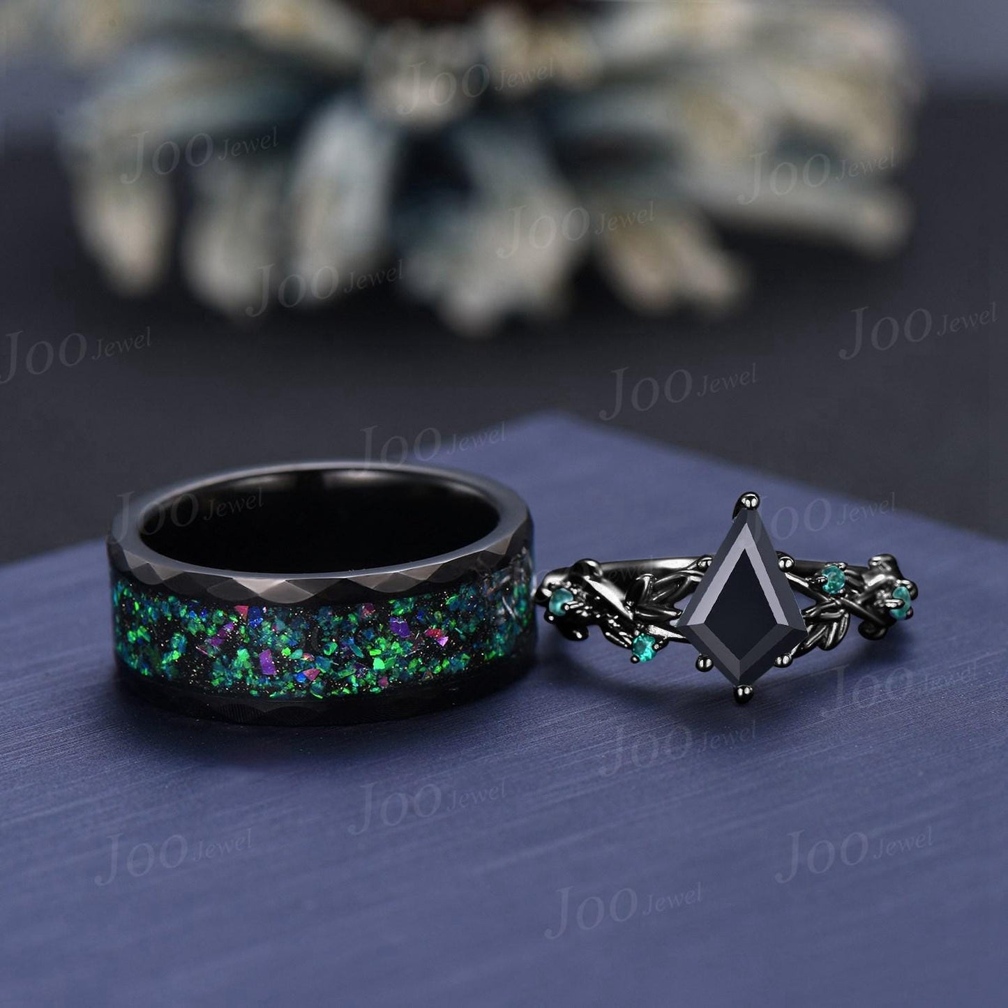 Natural Kite Black Onyx Tungsten Wedding Ring Set Men Green Emerald Couple Promise Rings Marriage Anniversary Gift Outer Space Galaxy Band