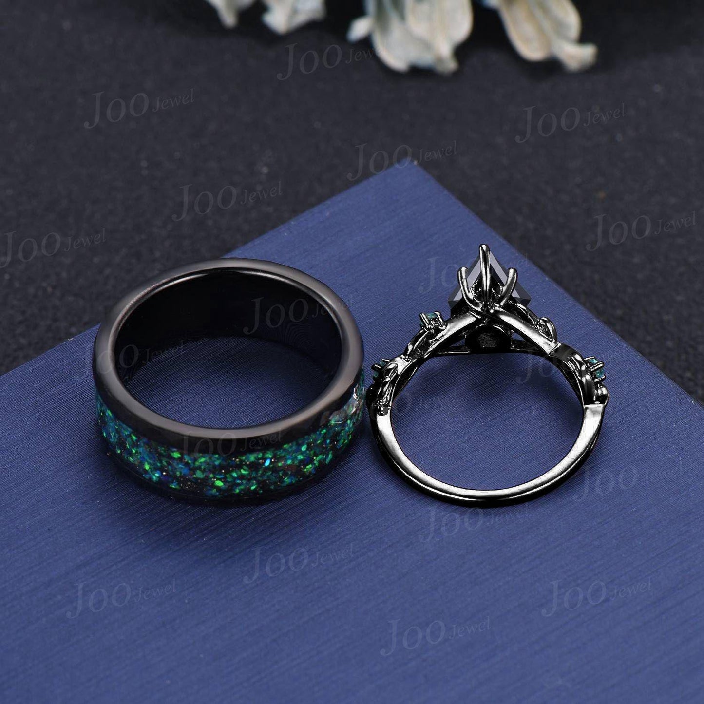 Natural Kite Black Onyx Tungsten Wedding Ring Set Men Green Emerald Couple Promise Rings Marriage Anniversary Gift Outer Space Galaxy Band