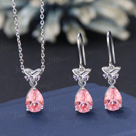Pink Sapphire Drop Earrings Necklace Sterling Silver Pear Padparadscha Amethyst Celtic Trinity Knot Earrings Pendant Women Hypoallergenic
