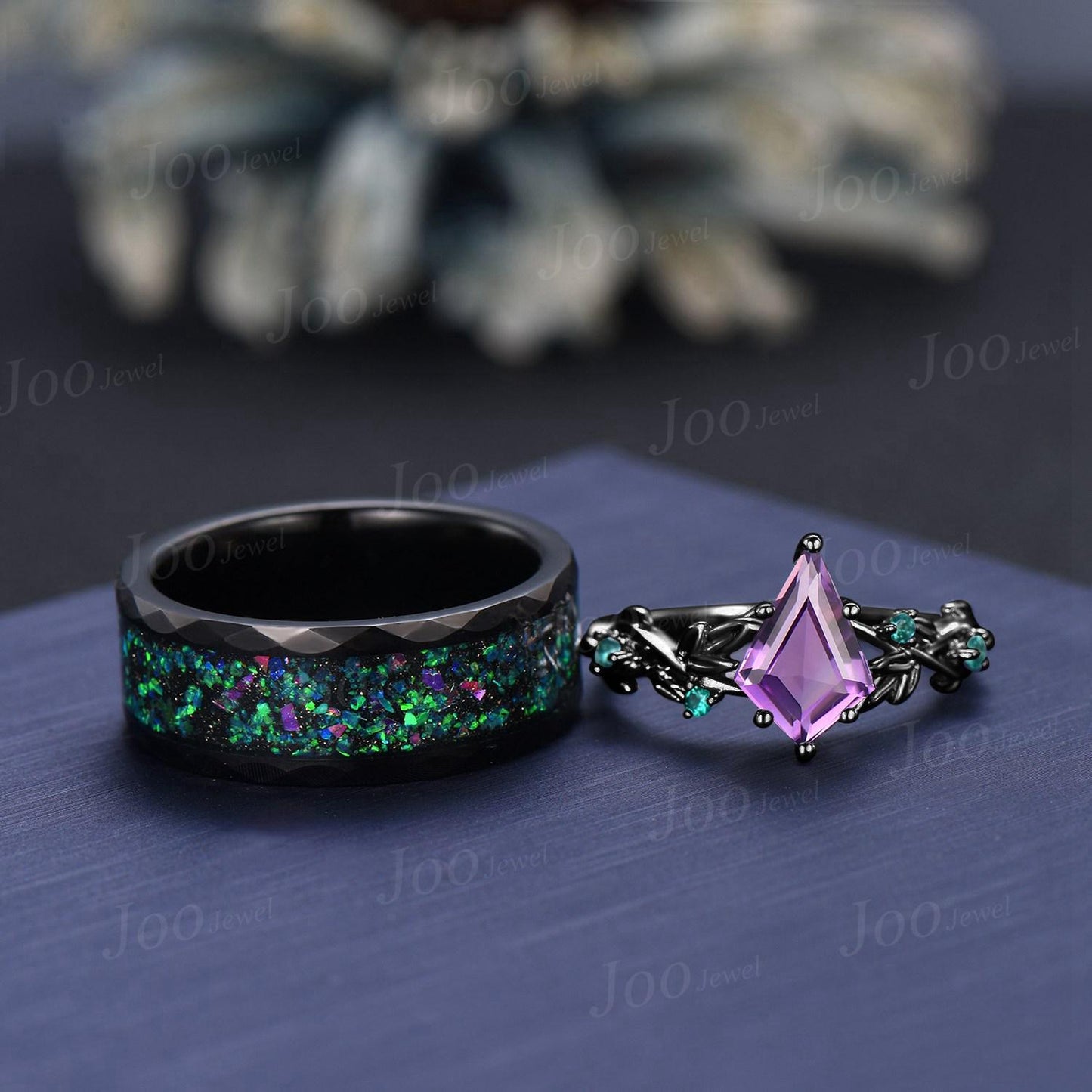 1ct Kite Cut Natural Amethyst Emerald Twig Vine Ring Black Ceramic Tungsten Band for Men Wear-resistant Ring Matching Ring Set for Couple