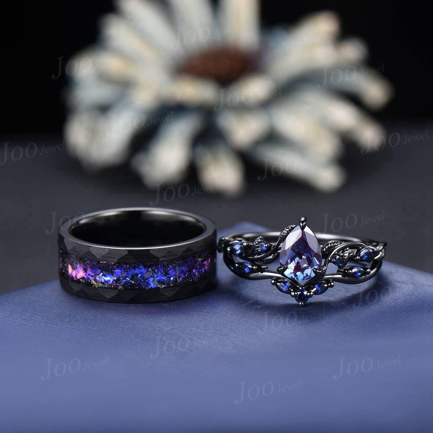 2pcs Color-Change Alexandrite Sapphire Couple Ring Nature Inspired Gothic His and Her Black Promise Ring No-Fading Tungsten Matching Band