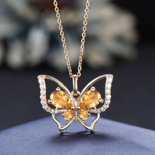Teardrop Genuine Citrine Butterfly Necklace Dainty Vintage 14K Yellow Gold Vintage Crystal Spring Pendant Unique November Birthstone Gifts