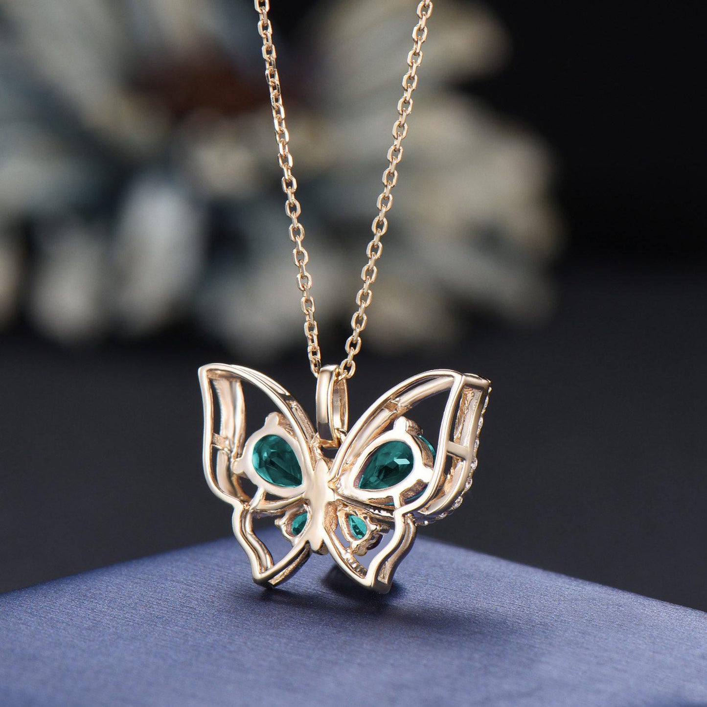 Butterfly Emerald Necklace Pear Cut Green Emerald Pendant 14K Yellow Gold Wedding Necklace May Birthstone Gifts for Daughter/Butterfly Lover