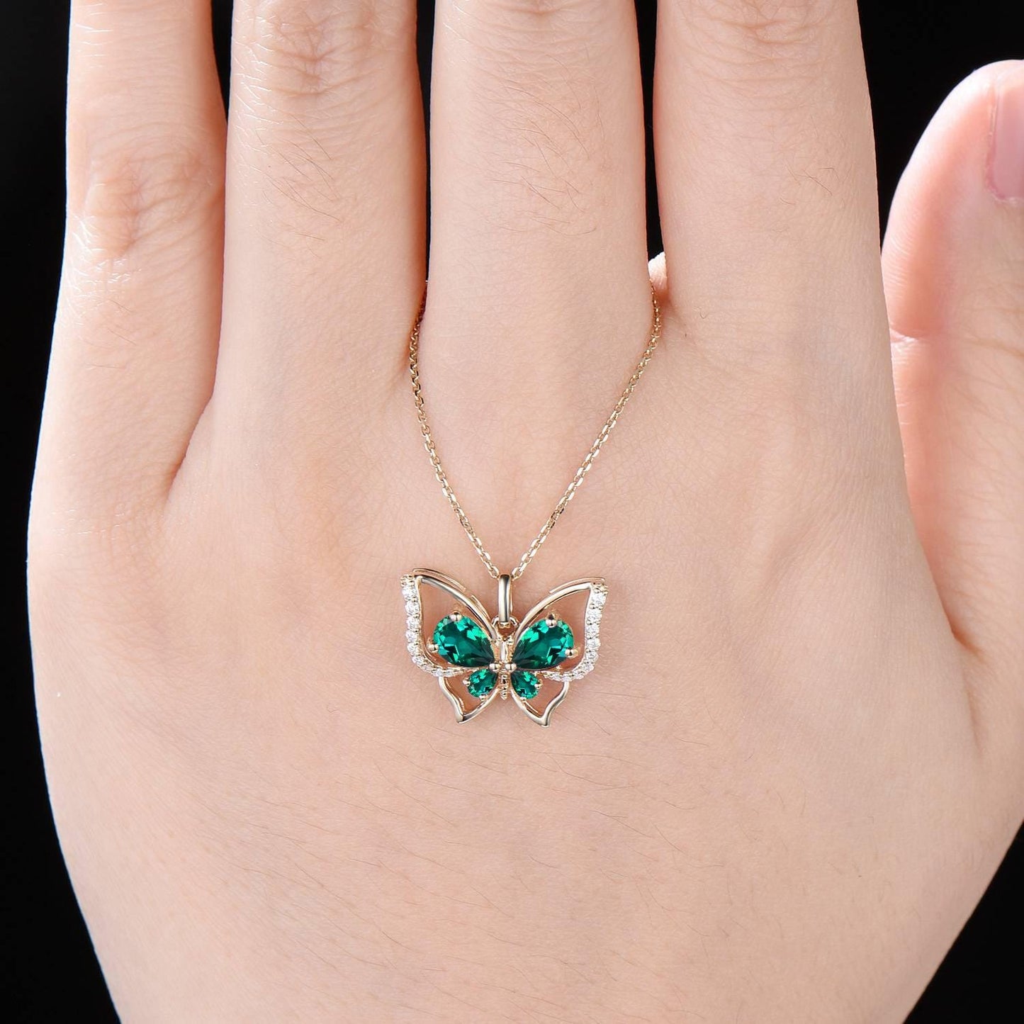 Butterfly Emerald Necklace Pear Cut Green Emerald Pendant 14K Yellow Gold Wedding Necklace May Birthstone Gifts for Daughter/Butterfly Lover