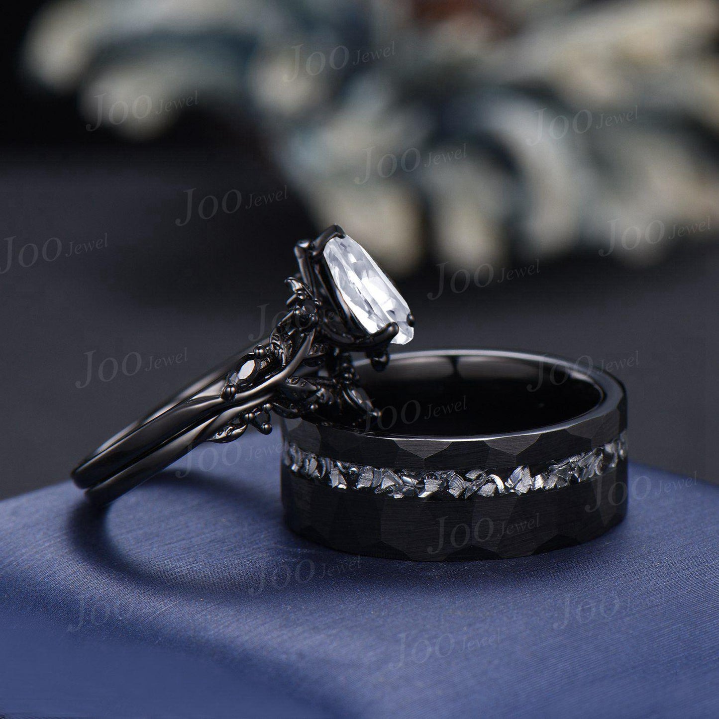 Pear Cut Moissanite and Meteorite Couples Ring Set- His and Hers Black Wedding Band Sterling Silver Matching Band Gothic Couple Promise Ring