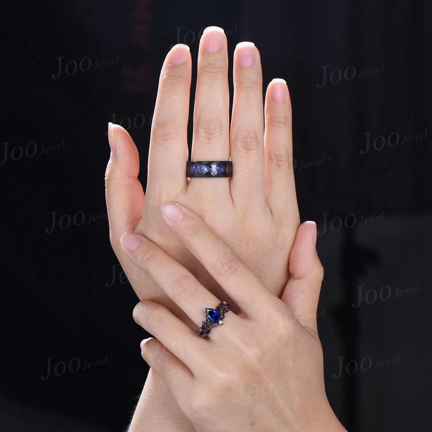 2pcs Pear Color-Change Alexandrite Amethyst Couple Set Nature Inspired Gothic His and Her Black Promise Ring Tungsten Galaxy Matching Band