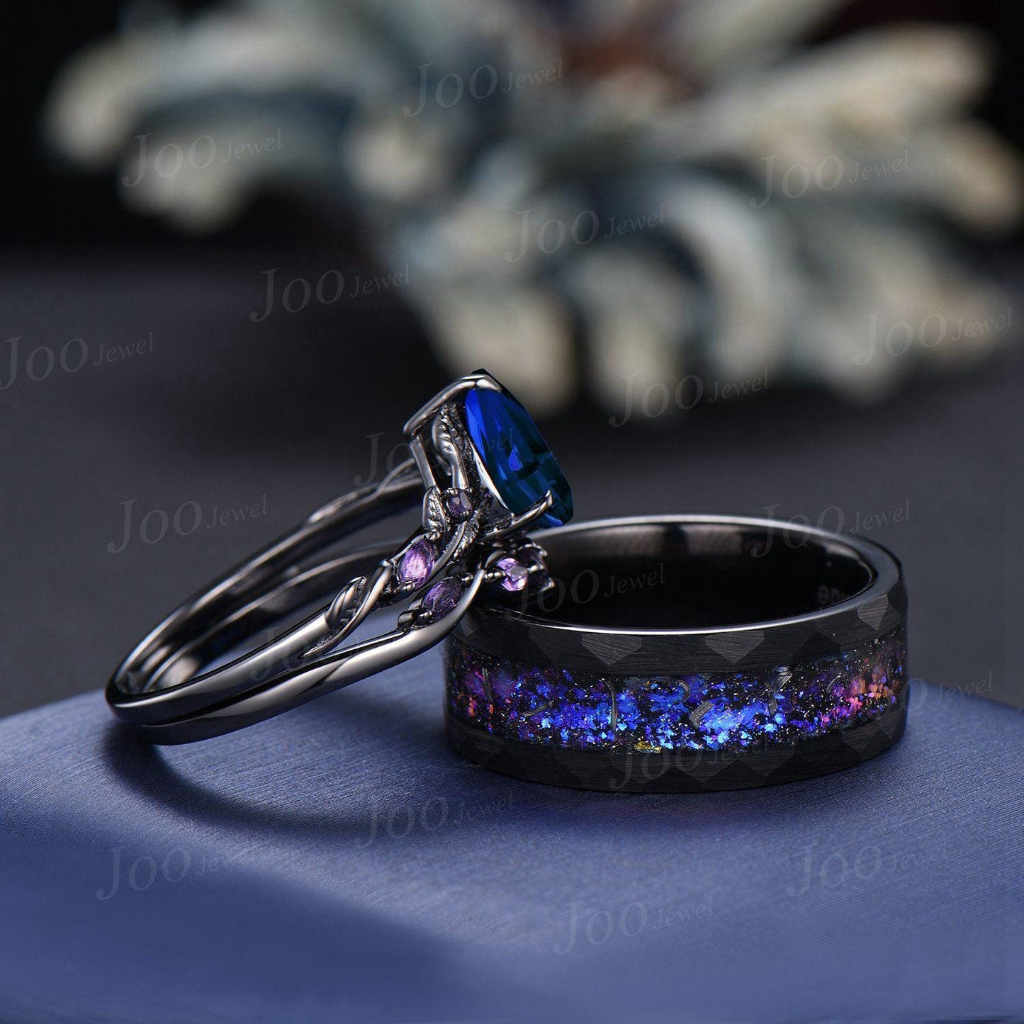 2pcs Pear Color-Change Alexandrite Amethyst Couple Set Nature Inspired Gothic His and Her Black Promise Ring Tungsten Galaxy Matching Band