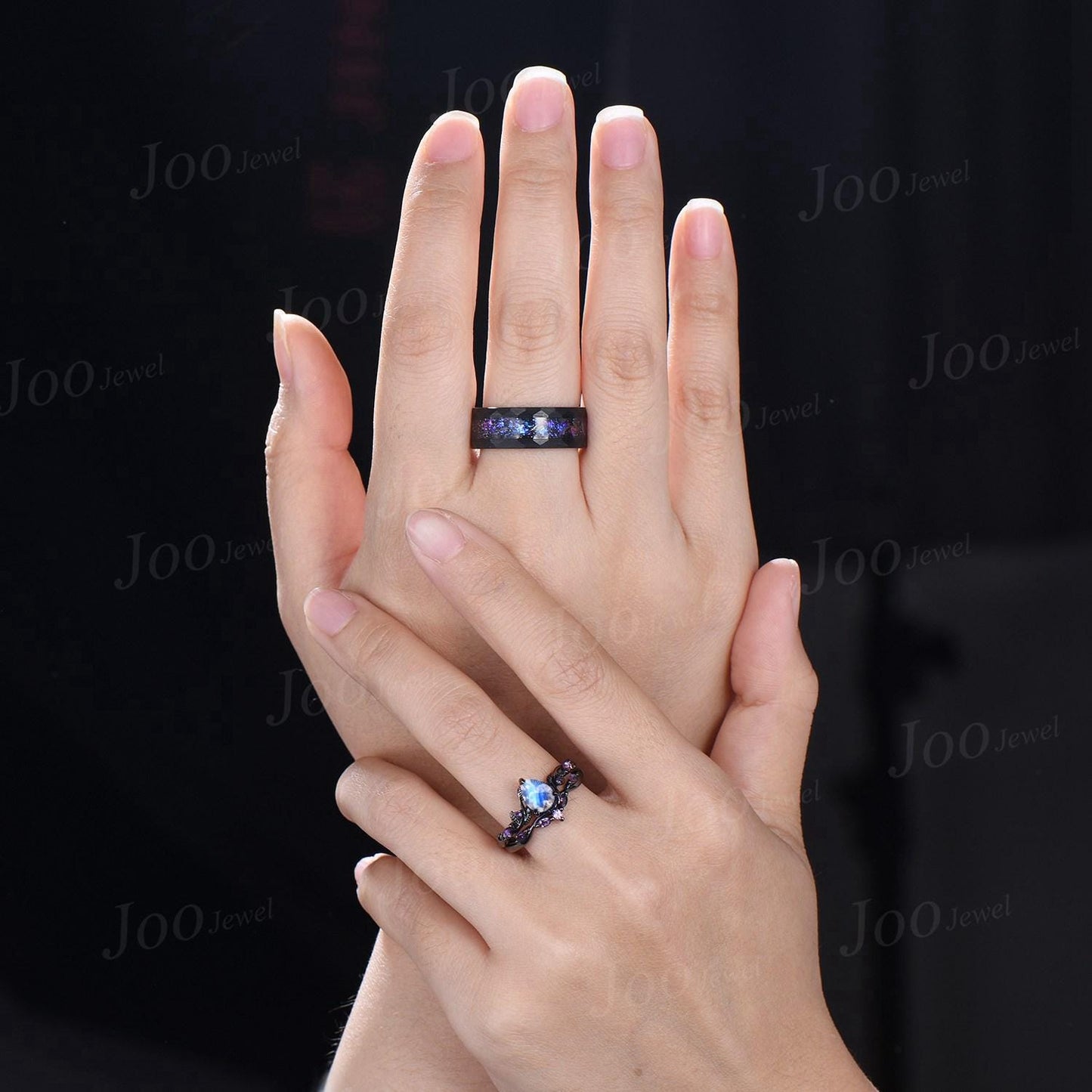 2pcs Pear Cut Natural Moonstone Amethyst Couple Ring Set Nature Inspired Gothic His and Her Black Promise Ring Tungsten Galaxy Matching Band