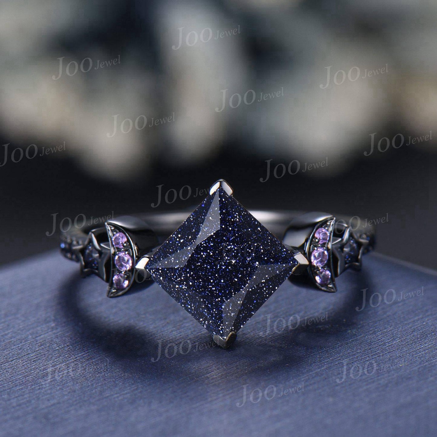 2ct Princess Cut Galaxy Starry Night Blue Sandstone Amethyst Moon Star Wedding Ring Gothic Dark Retro Black Gold Engagement Ring for Women