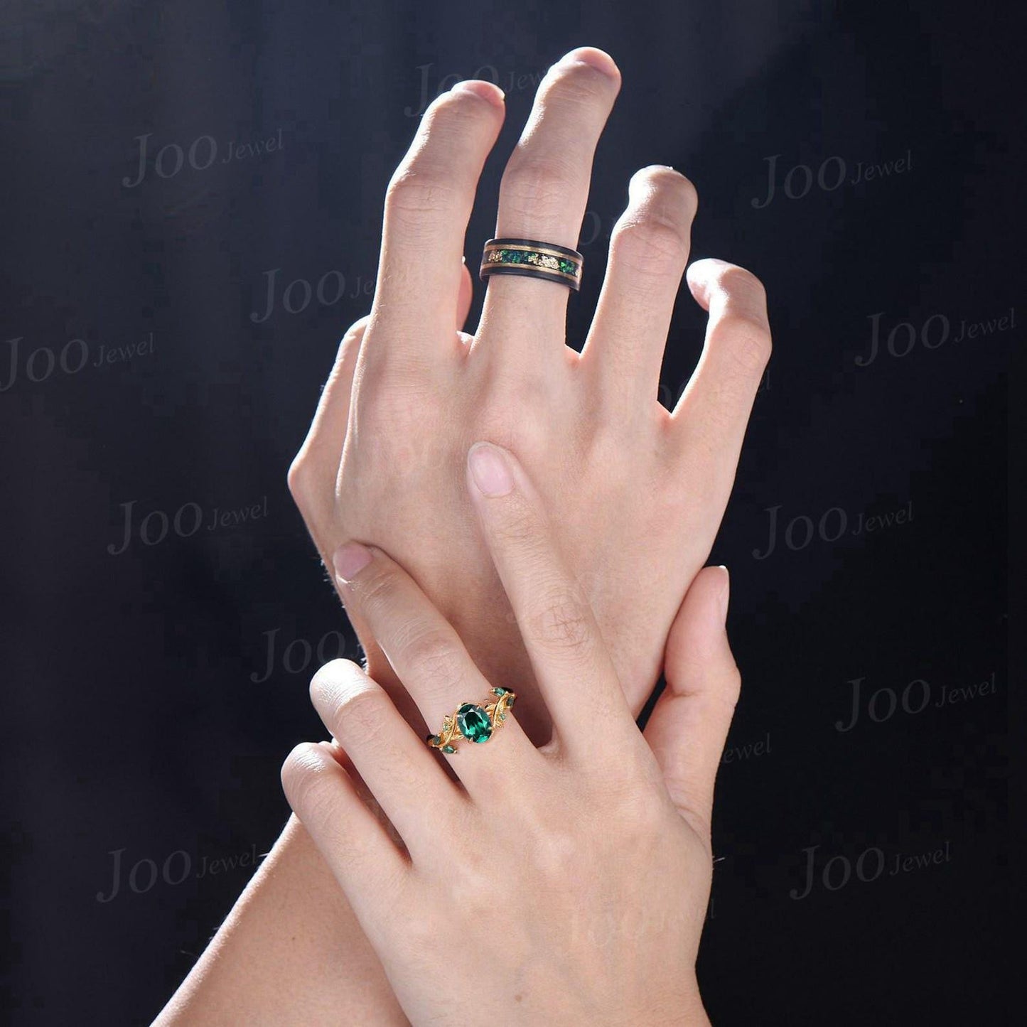 Green Emerald & Meteorite Gold Leaf Couples Ring-His and Hers Wedding Band-Gold Ring Set-Matching Nature Couples Unique Vintage Promise Ring
