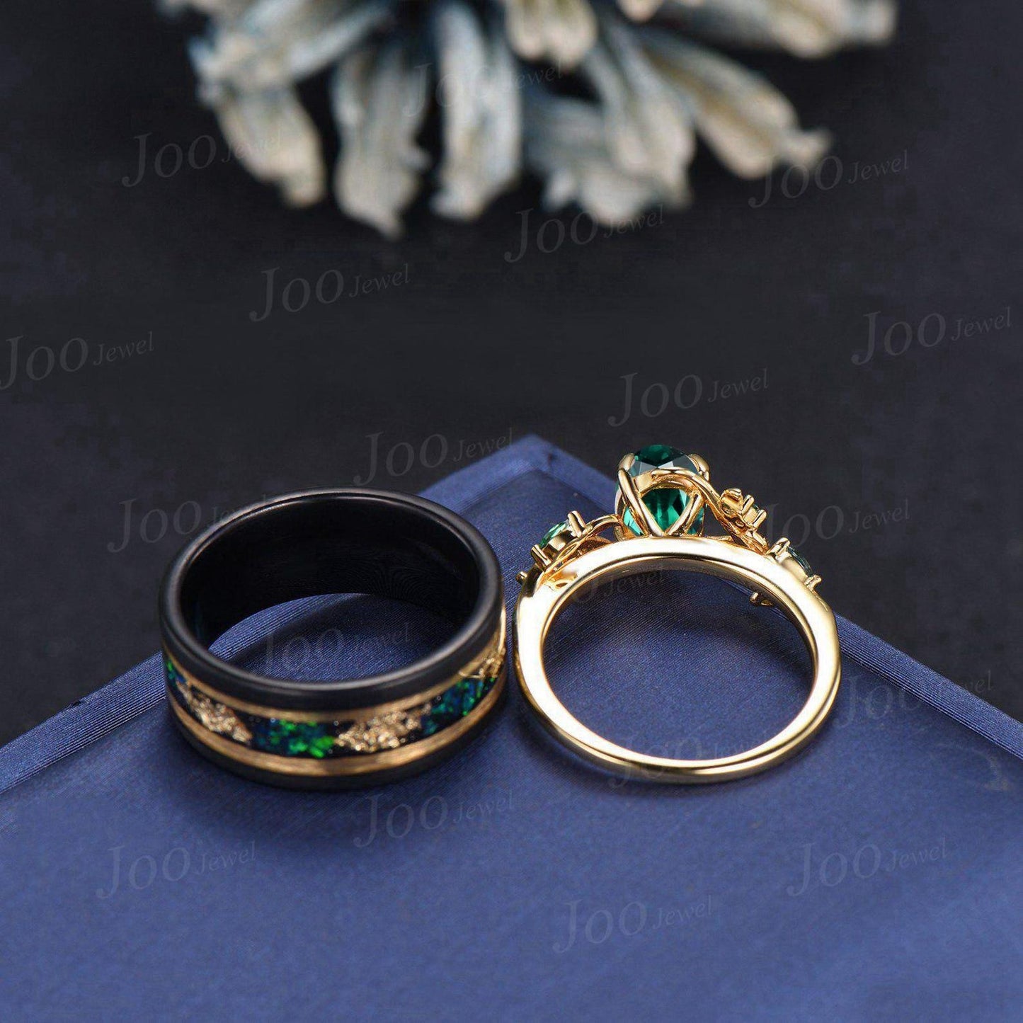 Green Emerald & Meteorite Gold Leaf Couples Ring-His and Hers Wedding Band-Gold Ring Set-Matching Nature Couples Unique Vintage Promise Ring