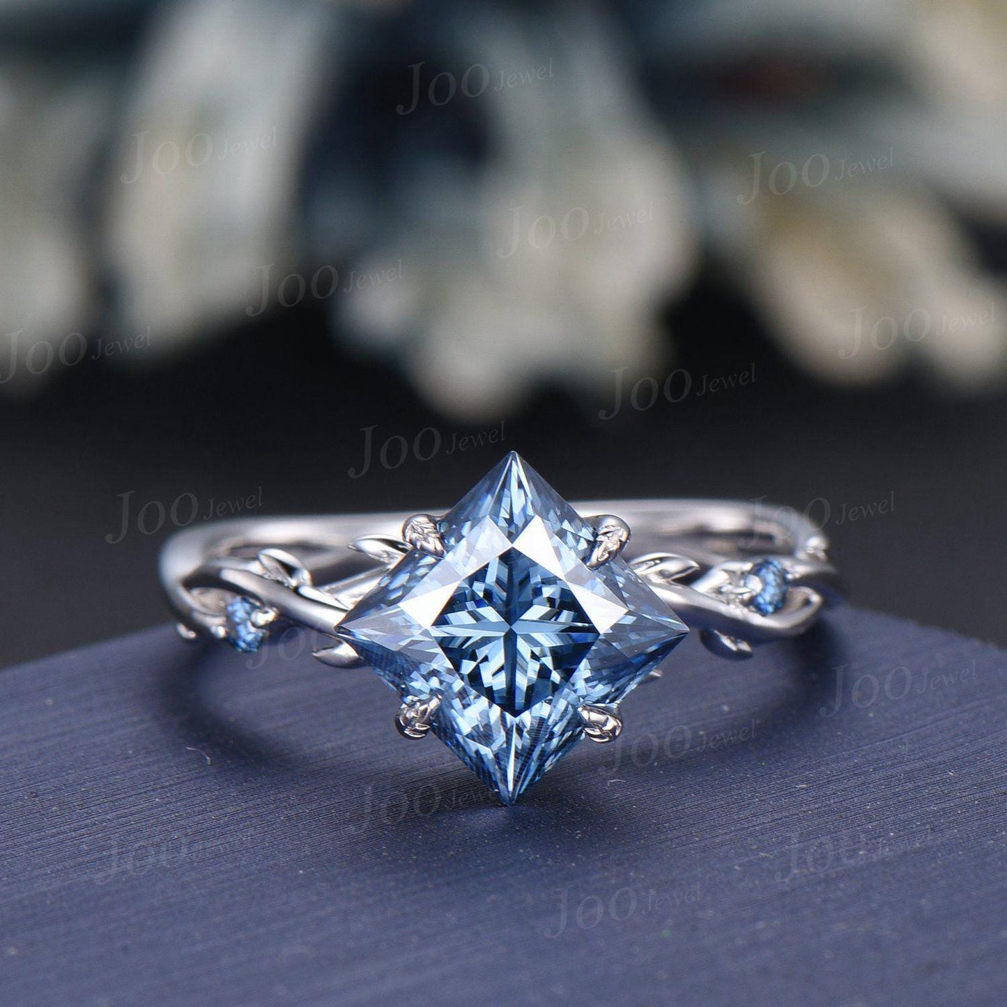 2ct Princess Cut Blue Moissanite Diamond Engagement Ring Set 14K White Gold Proposal Ring Gift Twig Vine Bridal Sets Twisted Wedding Rings