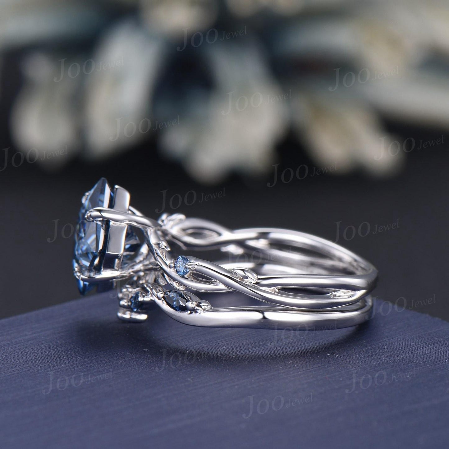 2ct Princess Cut Blue Moissanite Diamond Engagement Ring Set 14K White Gold Proposal Ring Gift Twig Vine Bridal Sets Twisted Wedding Rings