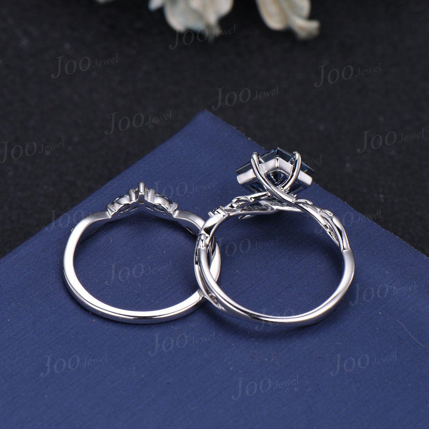 2ct Princess Cut Blue Moissanite Diamond Engagement Ring Set 14K White Gold Proposal Ring Gift Twig Vine Bridal Sets Twisted Wedding Rings