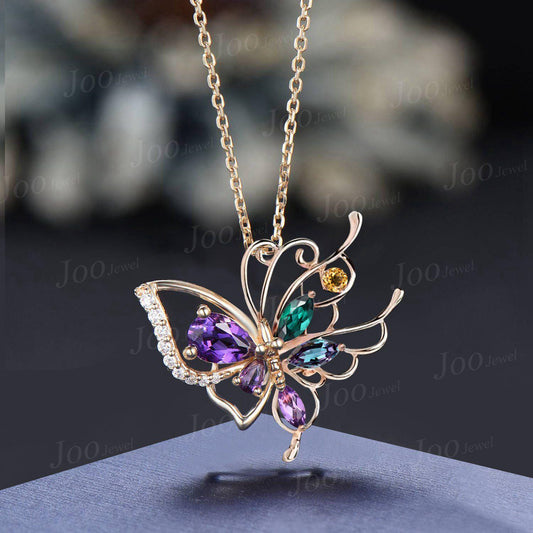 Unique Natural Amethyst Emerald Butterfly Necklace Vintage Solid 9K Gold Custom Multi Birthstone Pendant February Birthstone Gifts For Women