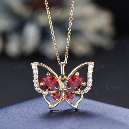 Teardrop Ruby Butterfly Necklace Vintage 14K Yellow Gold Vintage Red Gemstone Pendant Unique July Birthstone Lucky Spring Gifts For Women