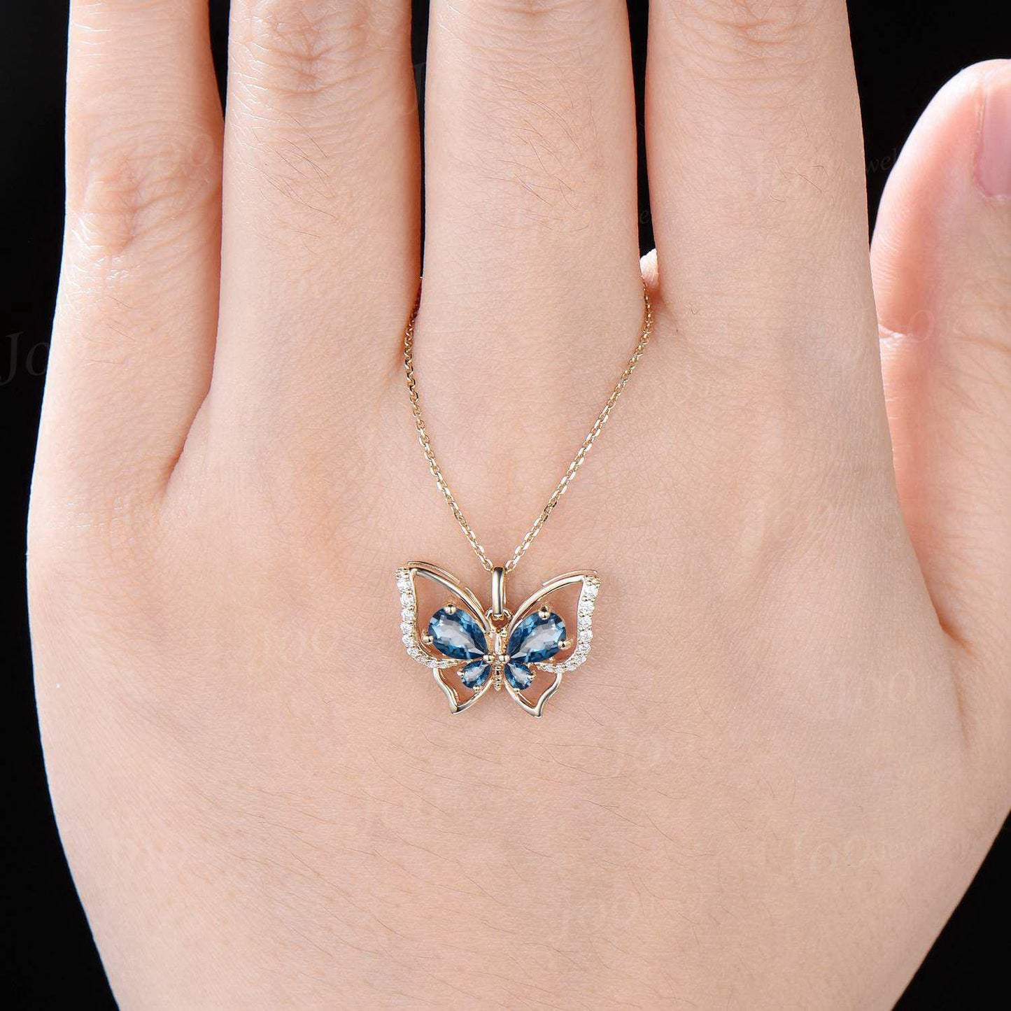 Natural London Blue Topaz Butterfly Necklace Vintage Sterling Silver Teardrop Cut Topaz Pendant Unique December Birthstone Gift For Daughter