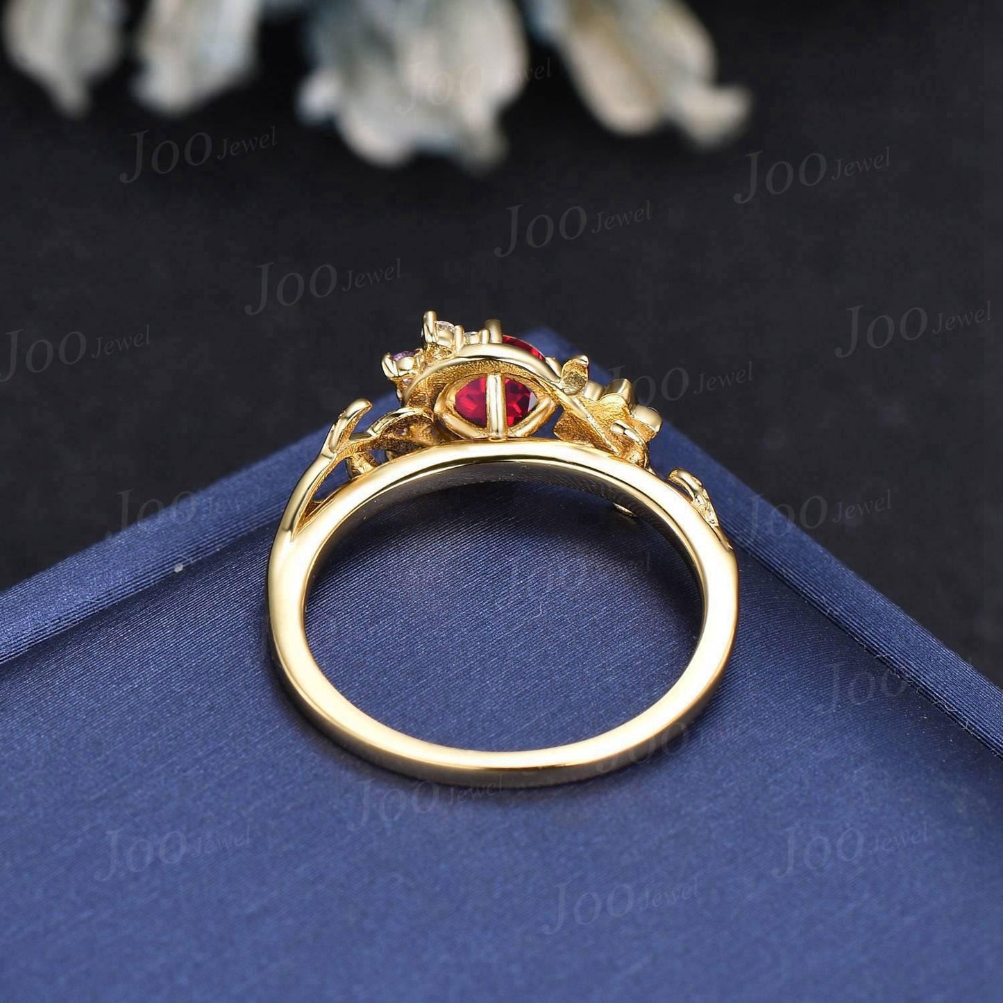 Crescent Moon Round Ruby Amethyst Wedding Ring Yellow Gold Moon Leaf Vine Ruby Engagement Ring Art Deco Promise Ring July Birthstone Gifts